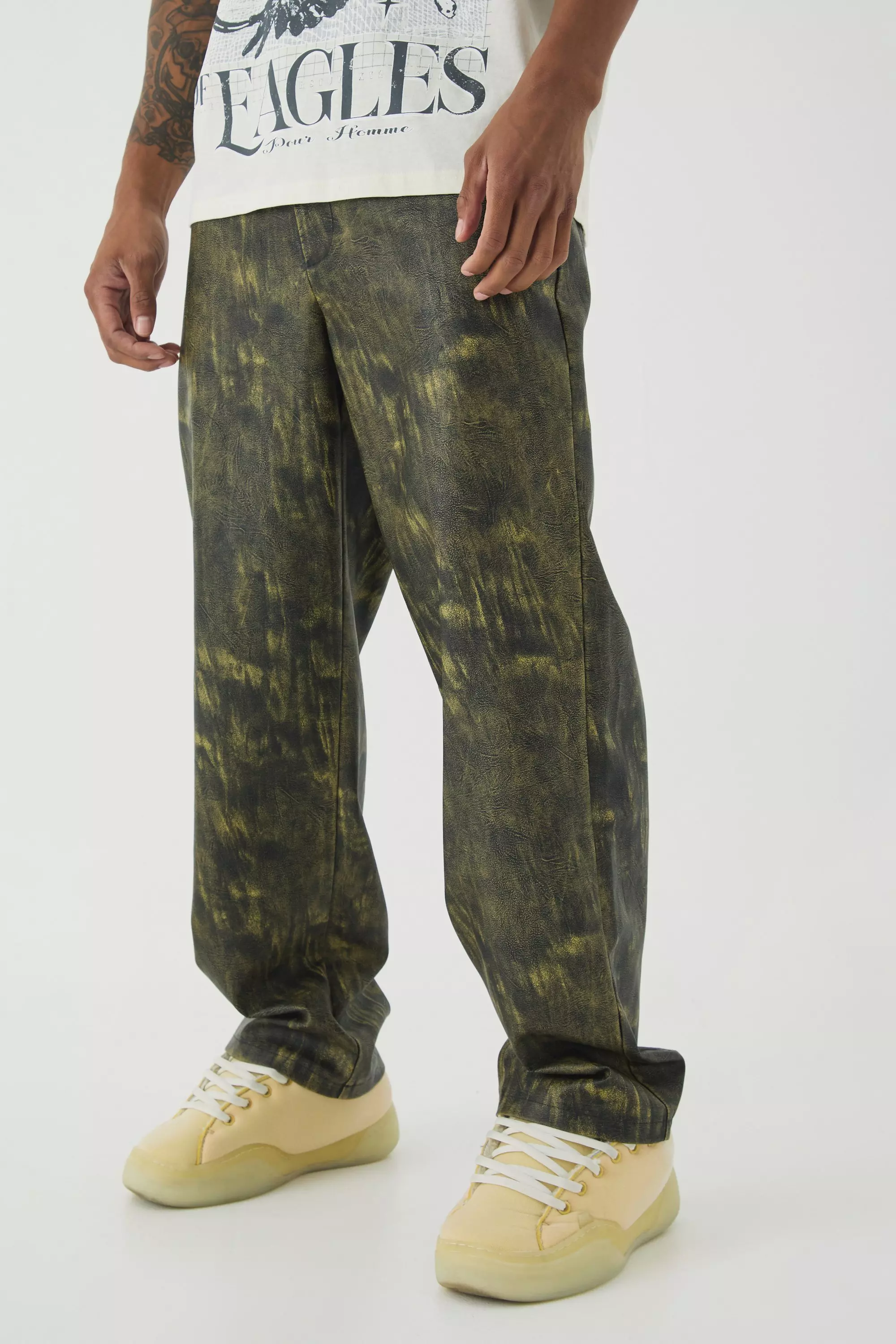 Relaxed Washed Pu Pants Dark green