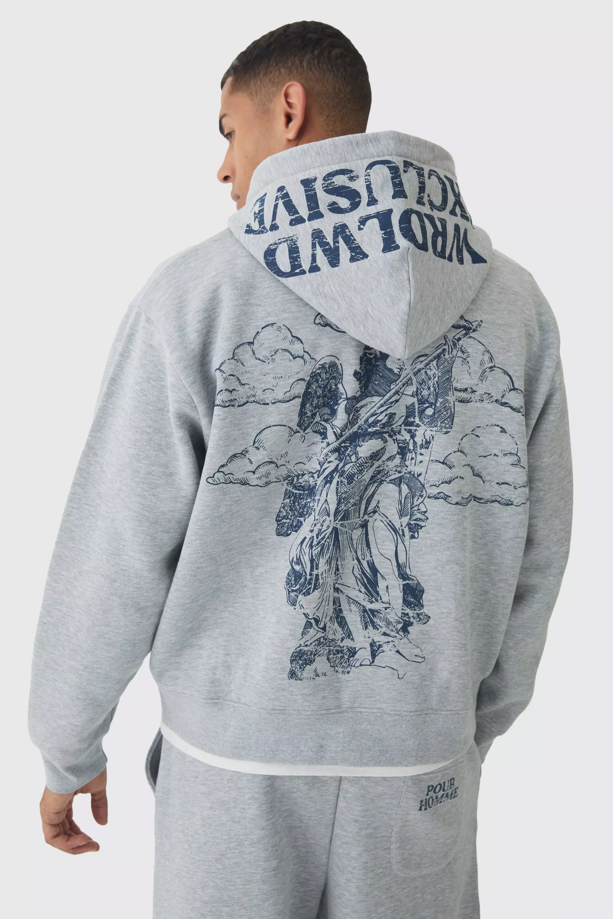 Grey Oversized Boxy Offcl Print Zip Through Hoodie