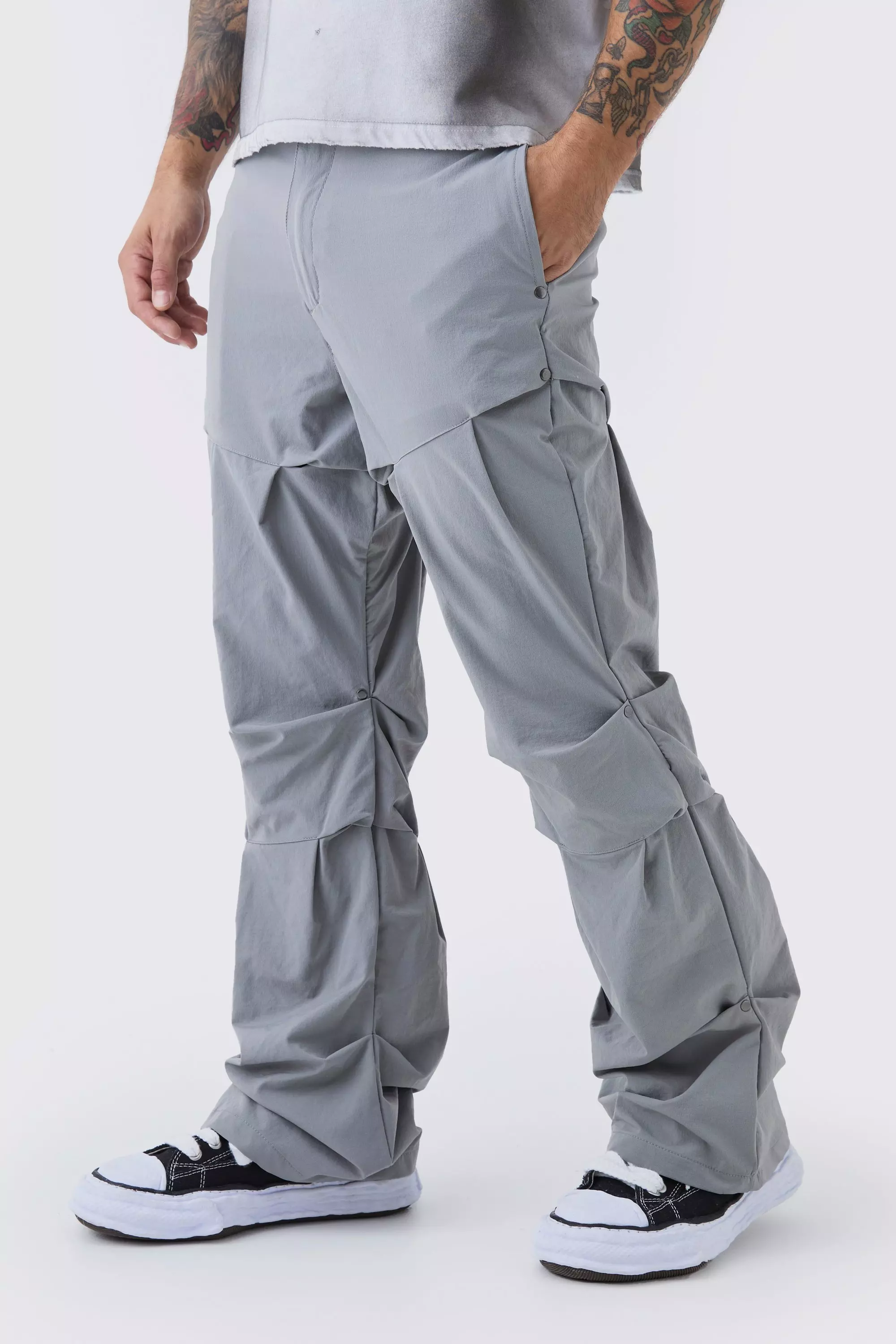 Slim Fit Flare Stacked Pants With Ruched Detail Light grey