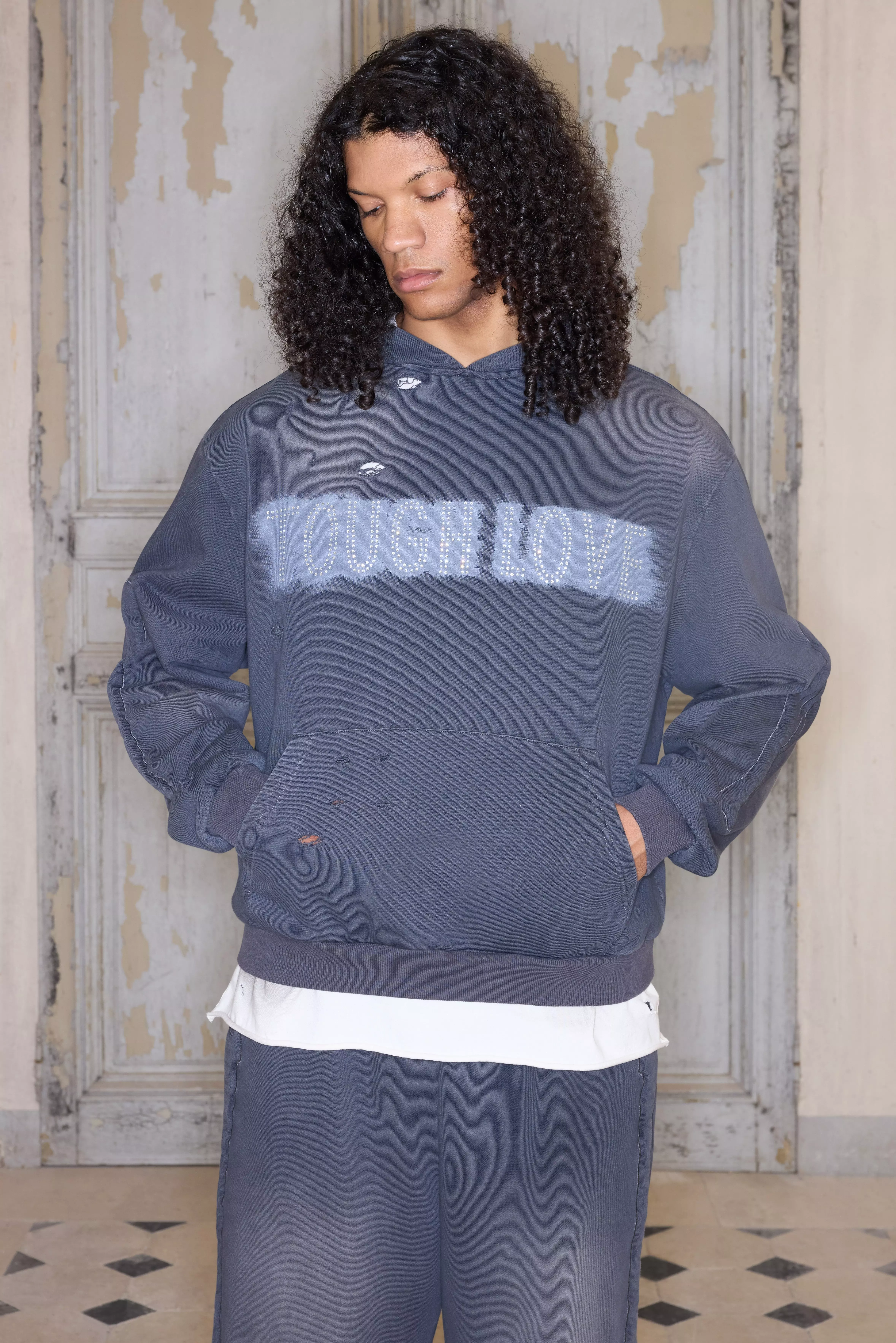 Premium Oversized Boxy Rhinestone Washed Hoodie In Grey Grey