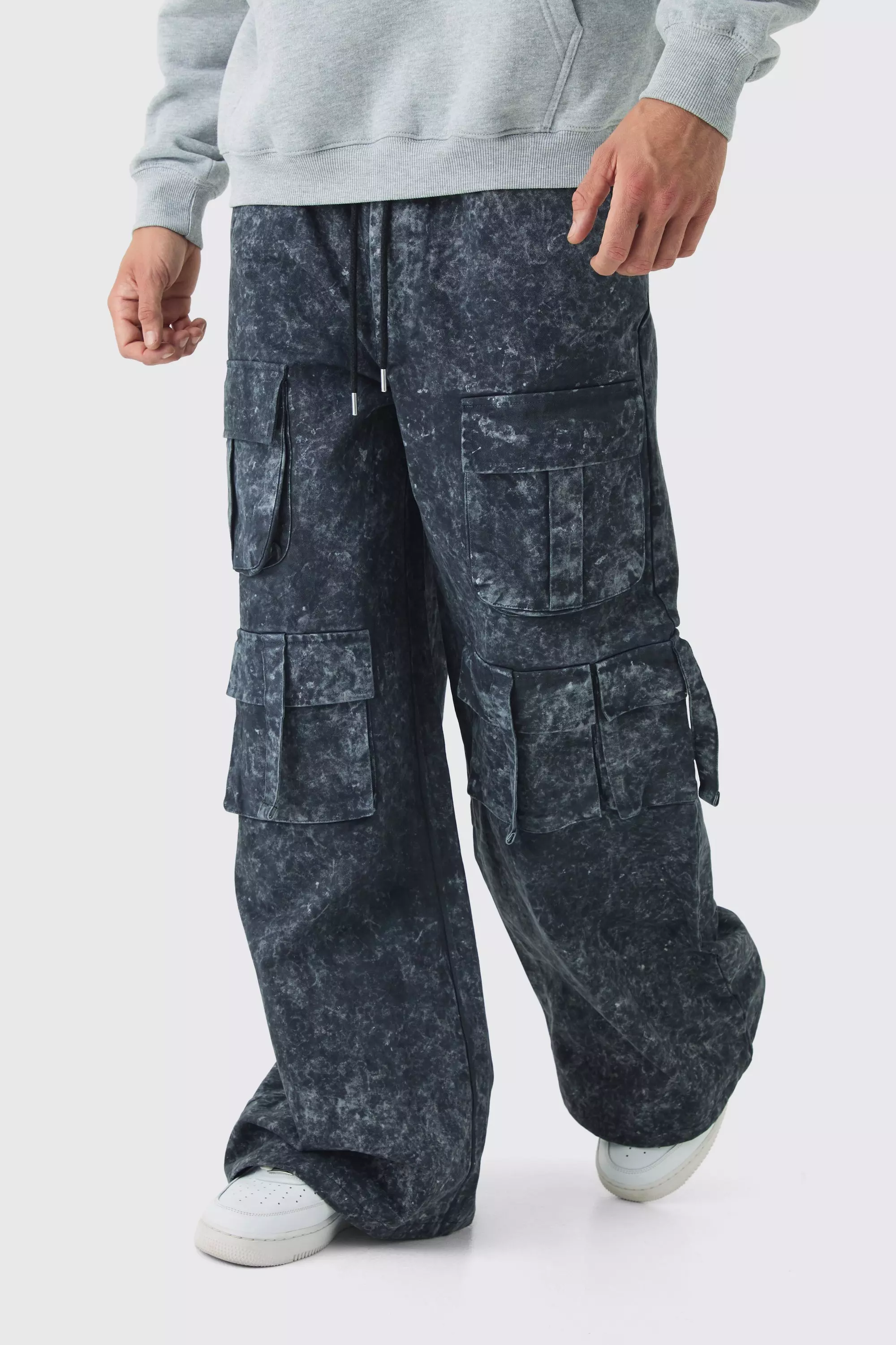 Elasticated Waist Extreme Baggy Heavyweight Washed Multi Cargo Trousers Charcoal