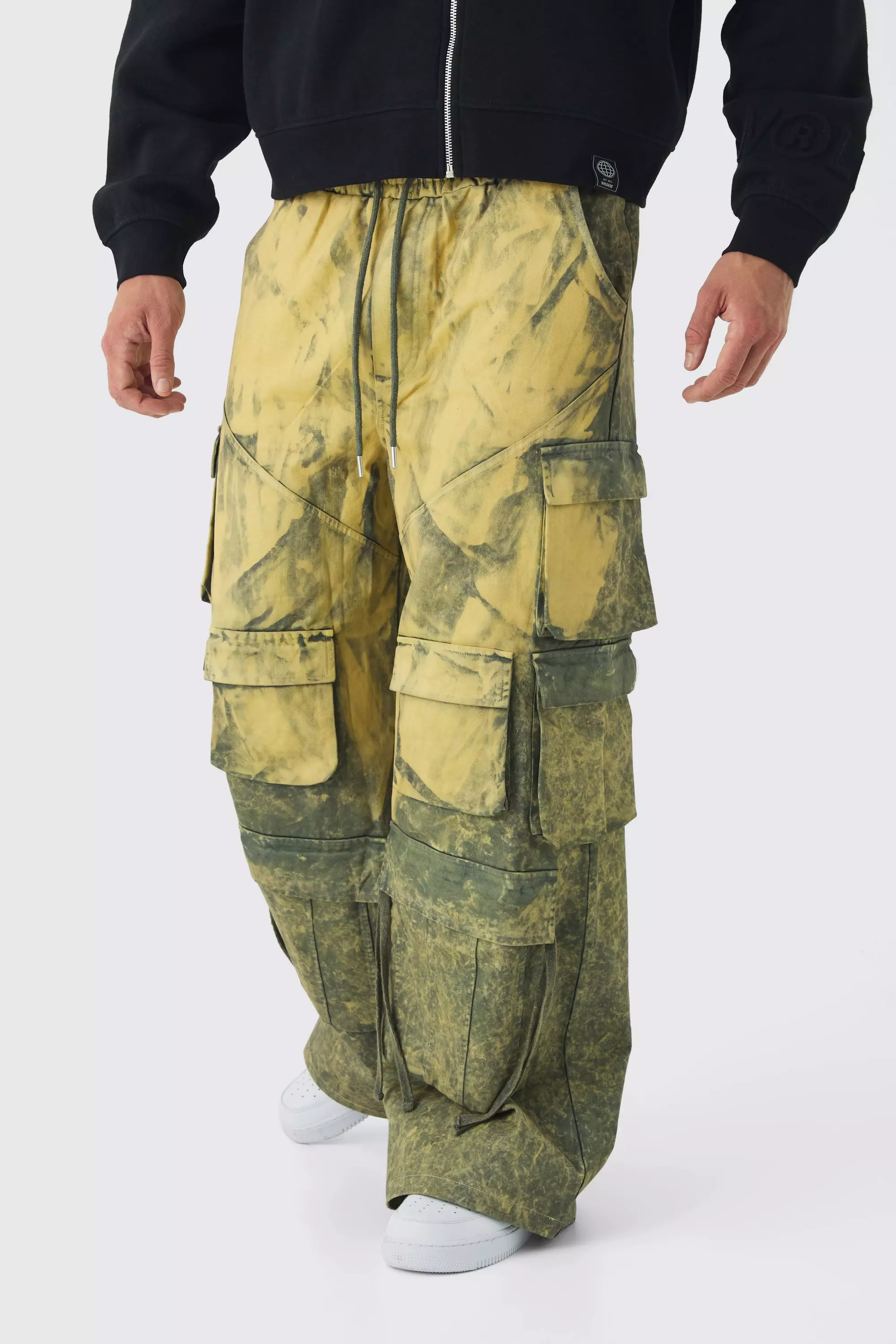 Khaki Elasticated Waist Extreme Baggy Heavyweight Washed Multi Cargo Pants