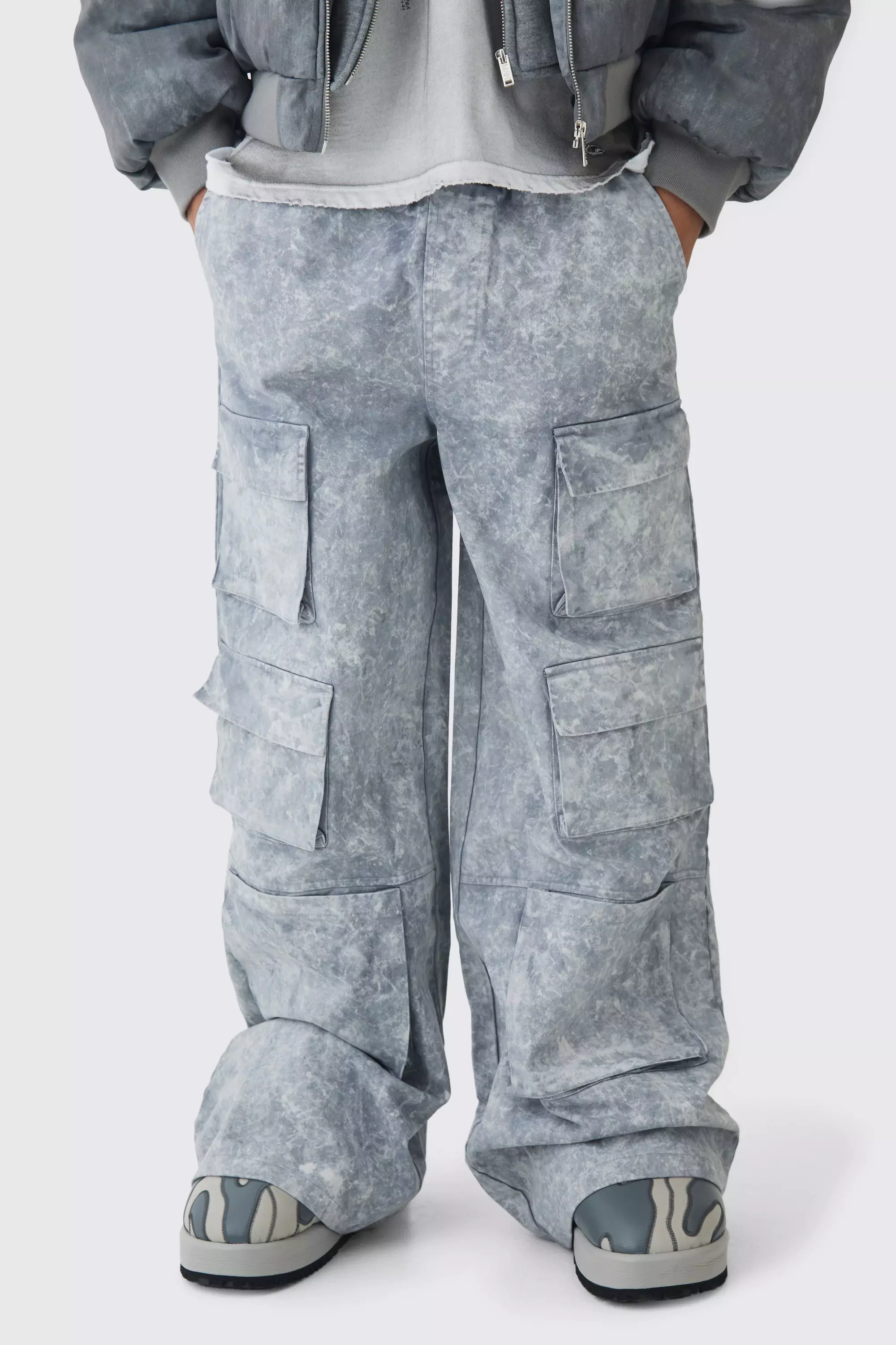 Elasticated Waist Super Baggy Heavyweight Washed Multi Cargo Trousers Light grey