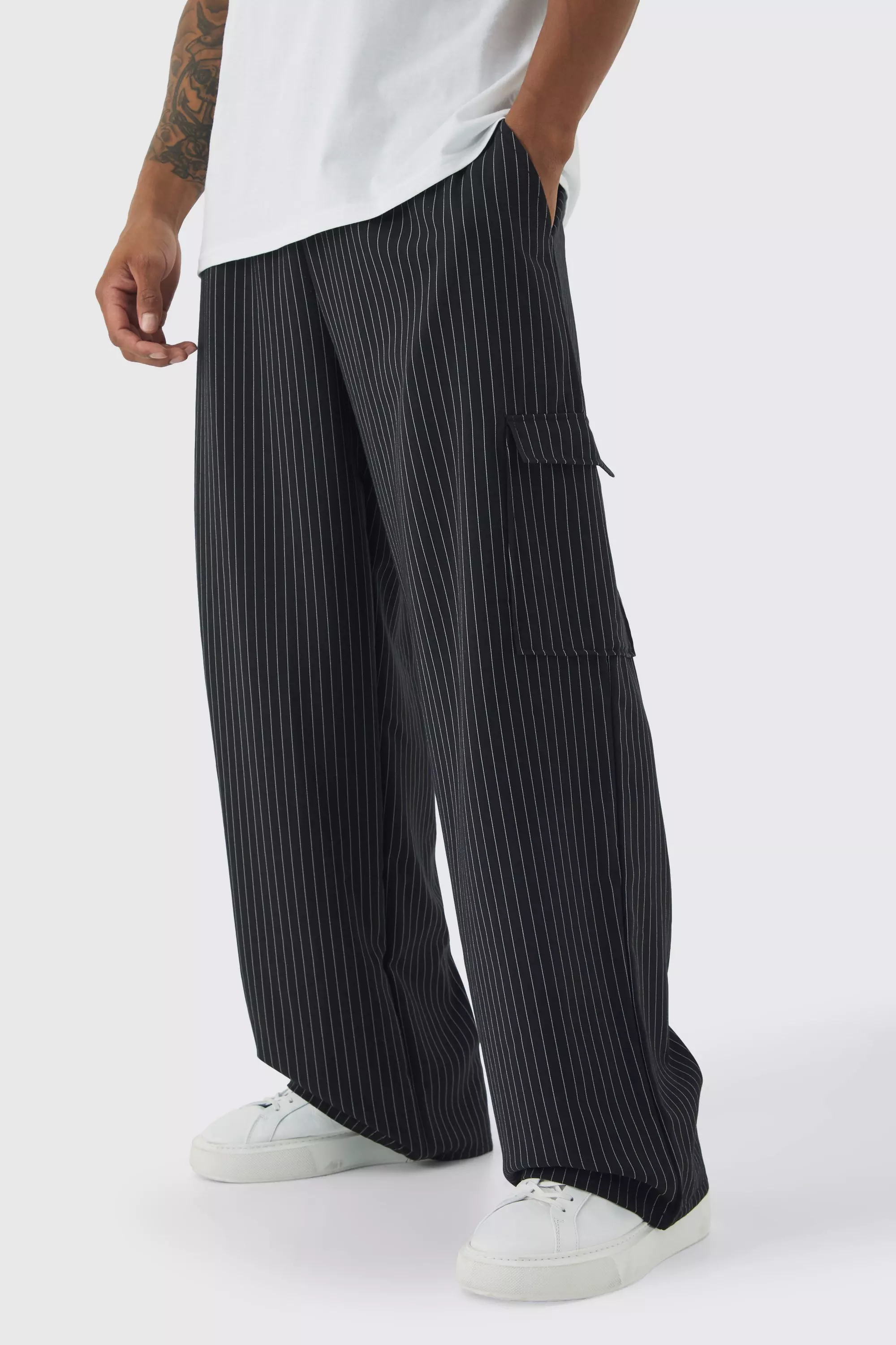 Elasticated Waist Baggy Pinstripe Cargo Trousers Black