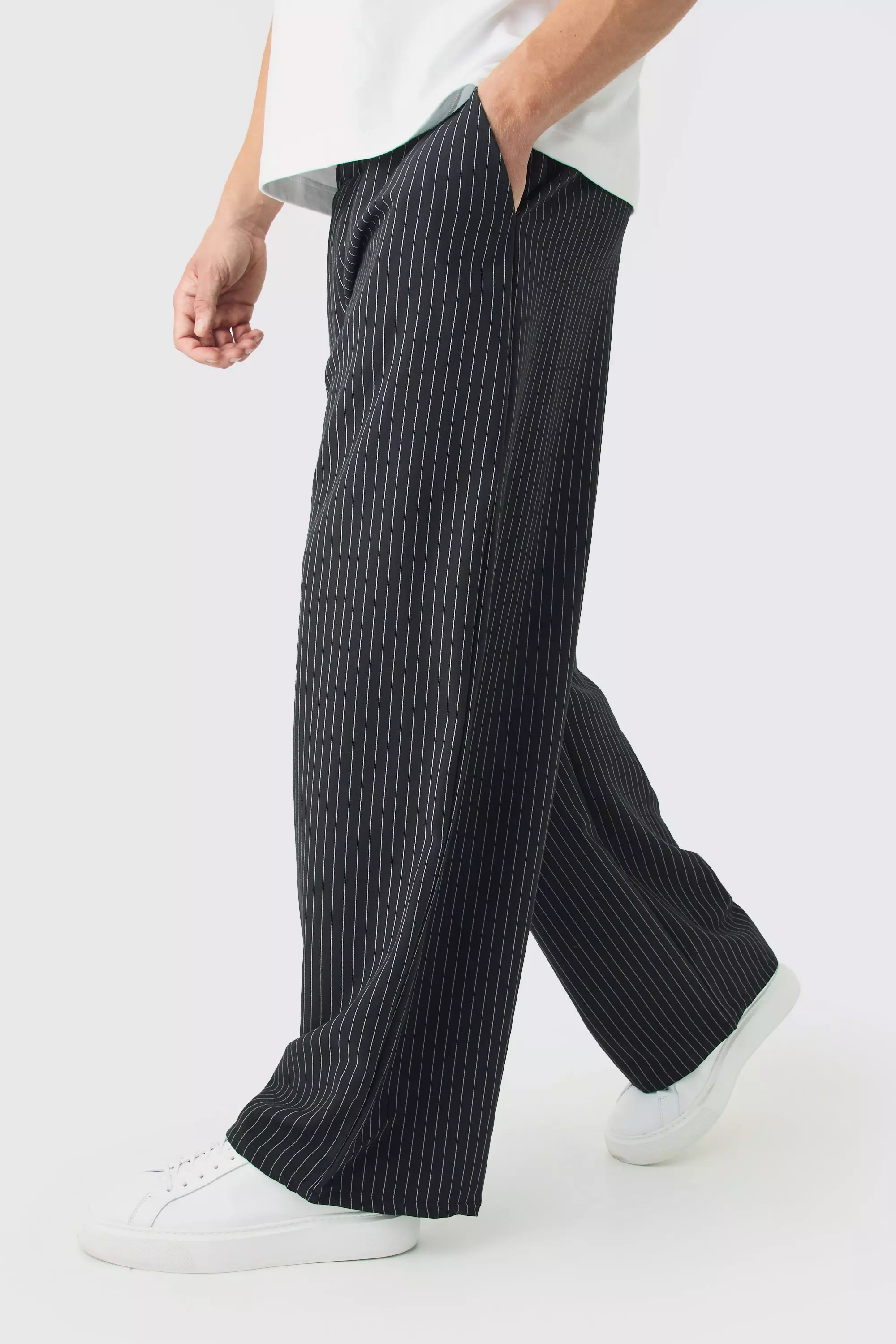 Black Baggy Broek Met Krijtstrepen En Elastische Taille alternatieve afbeelding
