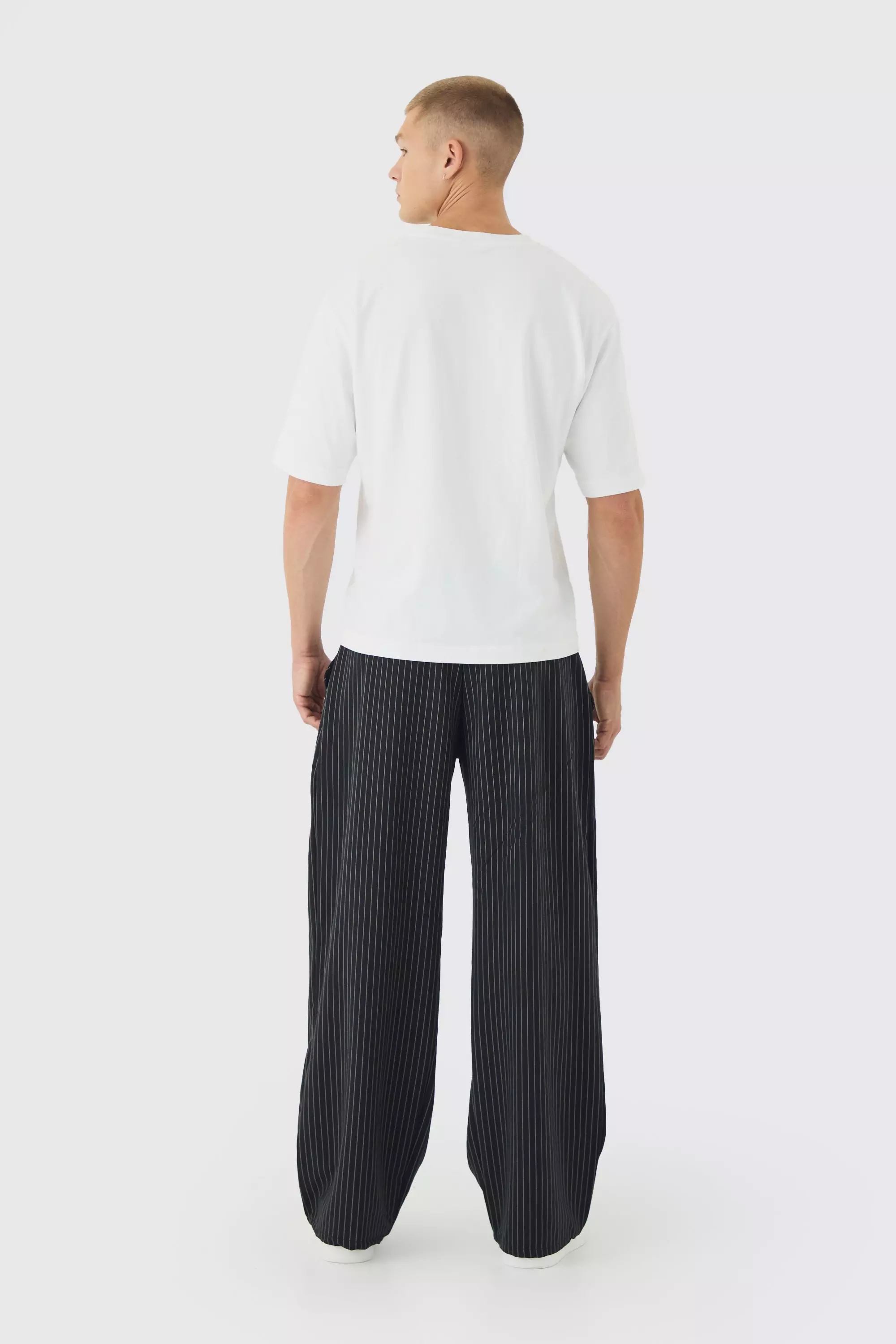 Black Baggy Broek Met Krijtstrepen En Elastische Taille alternatieve afbeelding