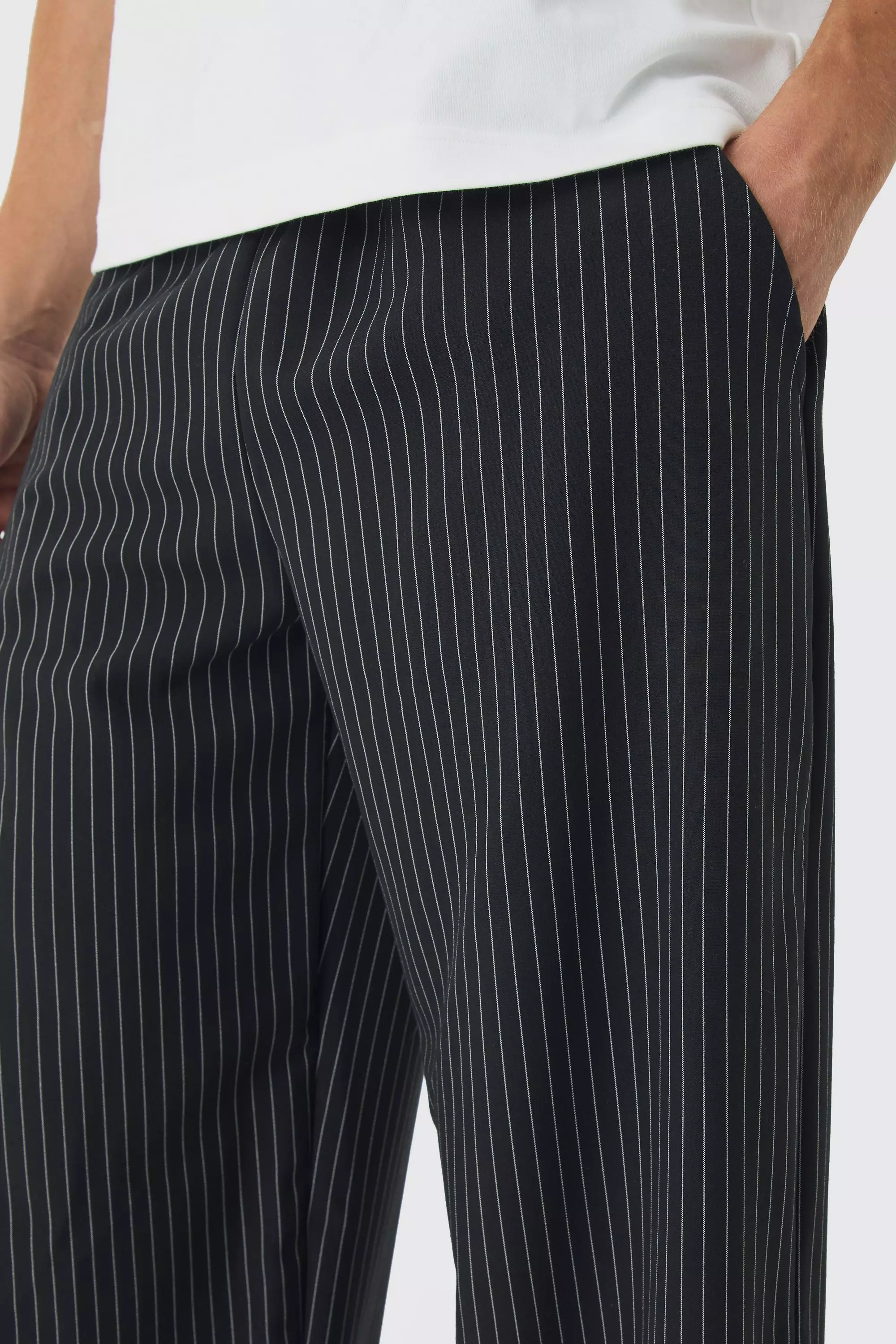 Black Baggy Broek Met Krijtstrepen En Elastische Taille alternatieve afbeelding