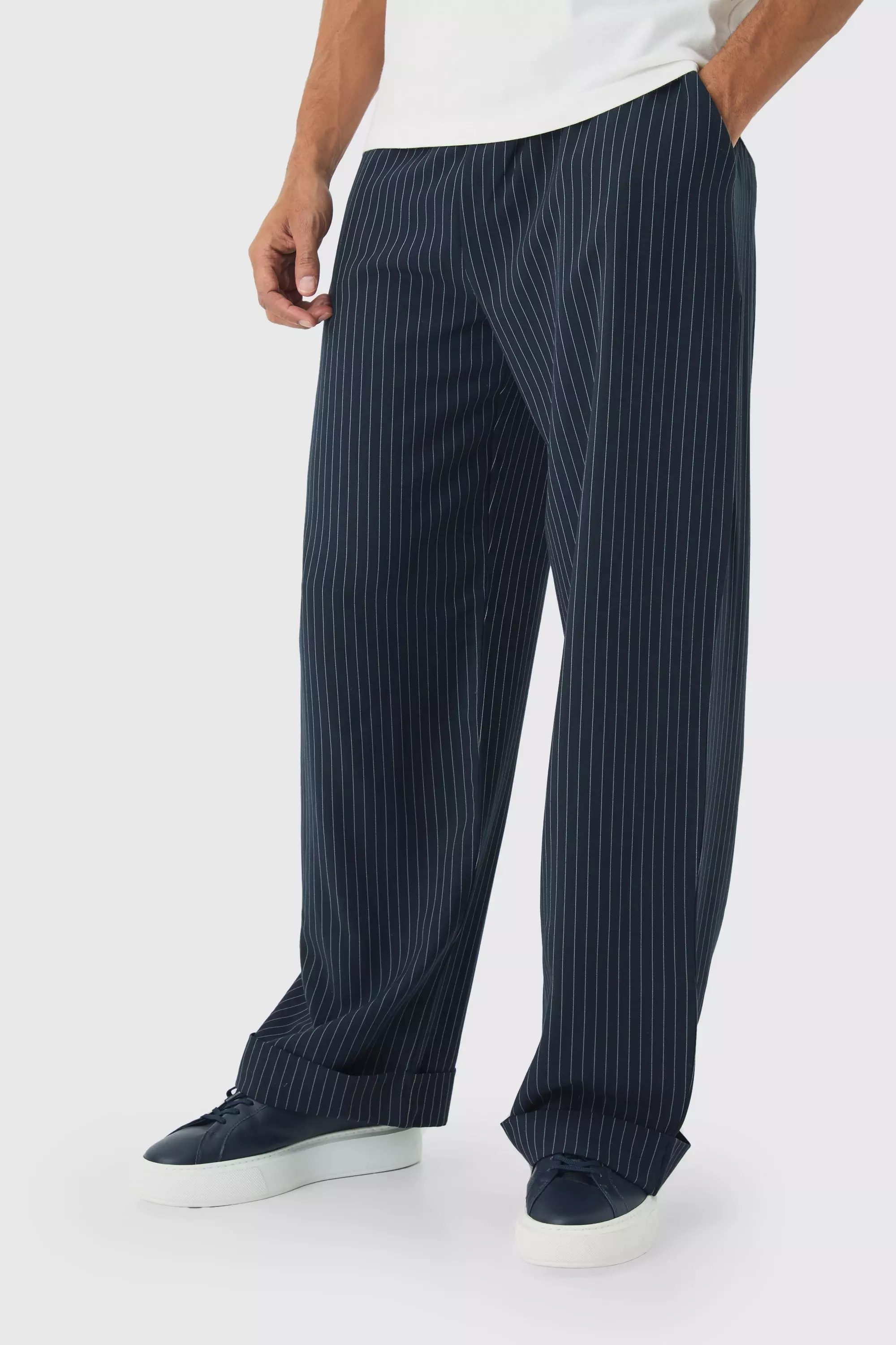 Navy Elasticated Waist Relaxed Pinstripe Turn Up Hem Pants