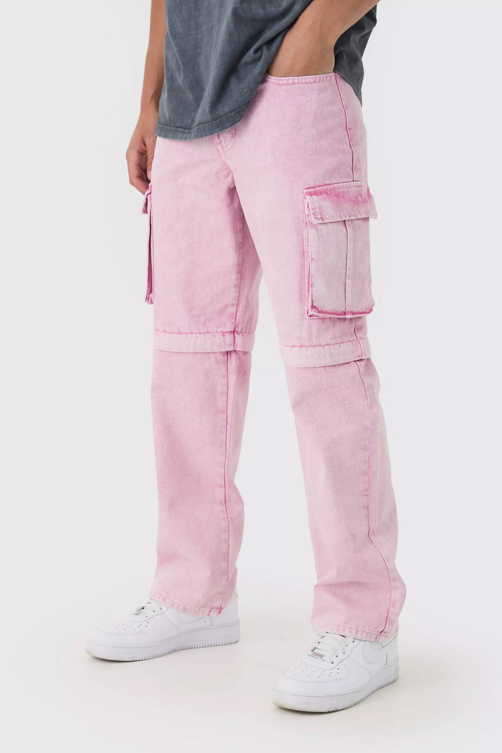 Pink Relaxed Acid Wash Zip Off Twill Cargo Pants