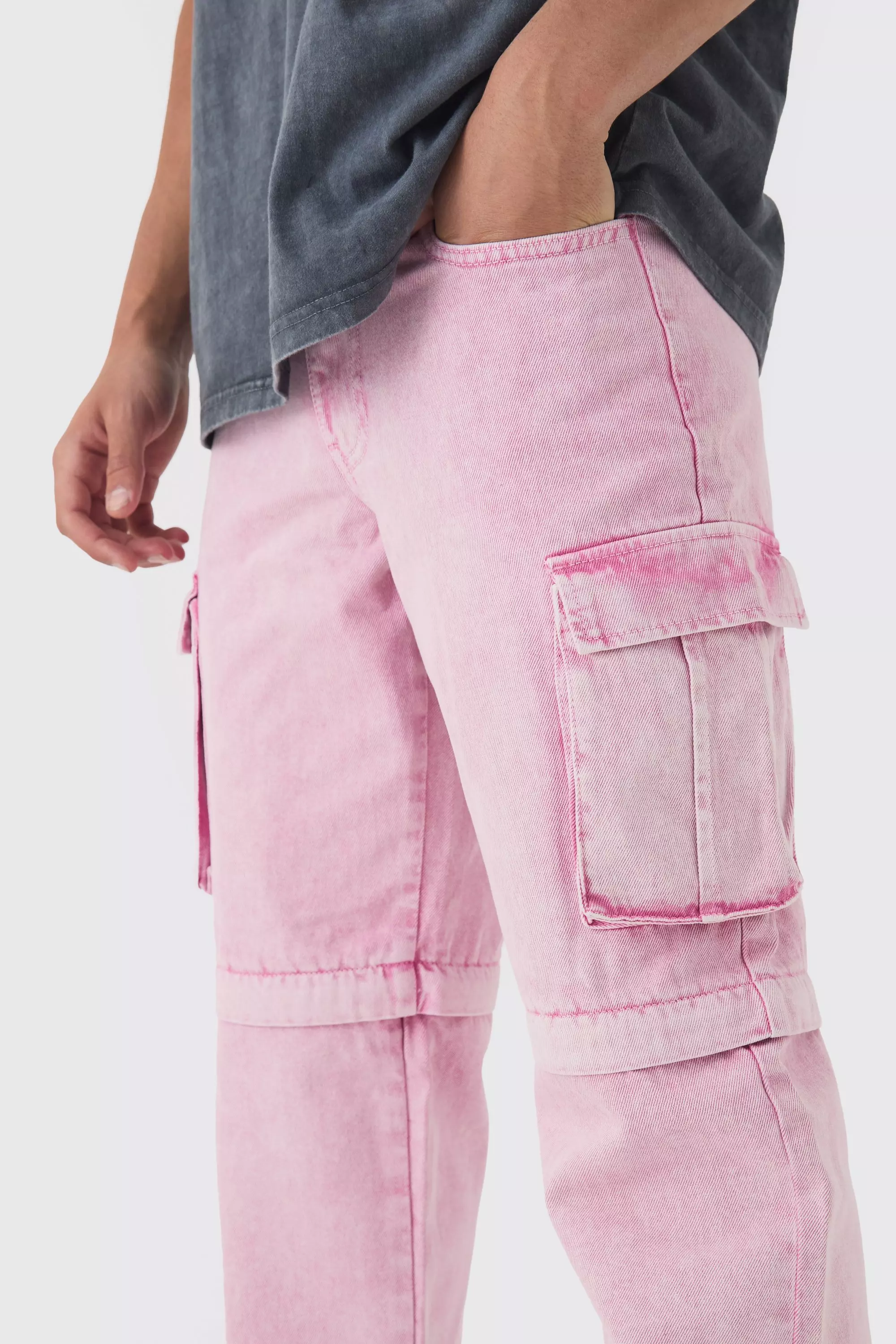 Light pink Relaxed Acid Wash Zip Off Twill Cargo Trousers alternative image