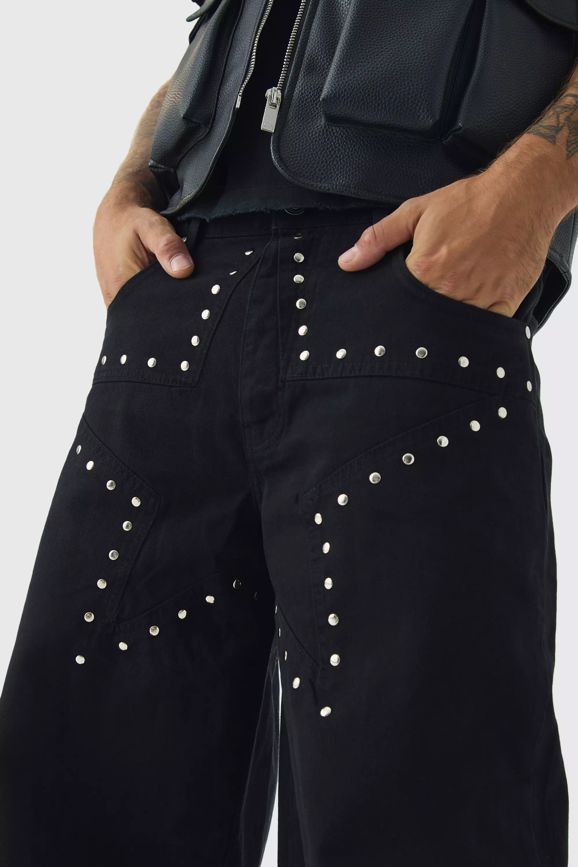 Baggy Fit Rigid Star Studded Jeans | boohooMAN USA