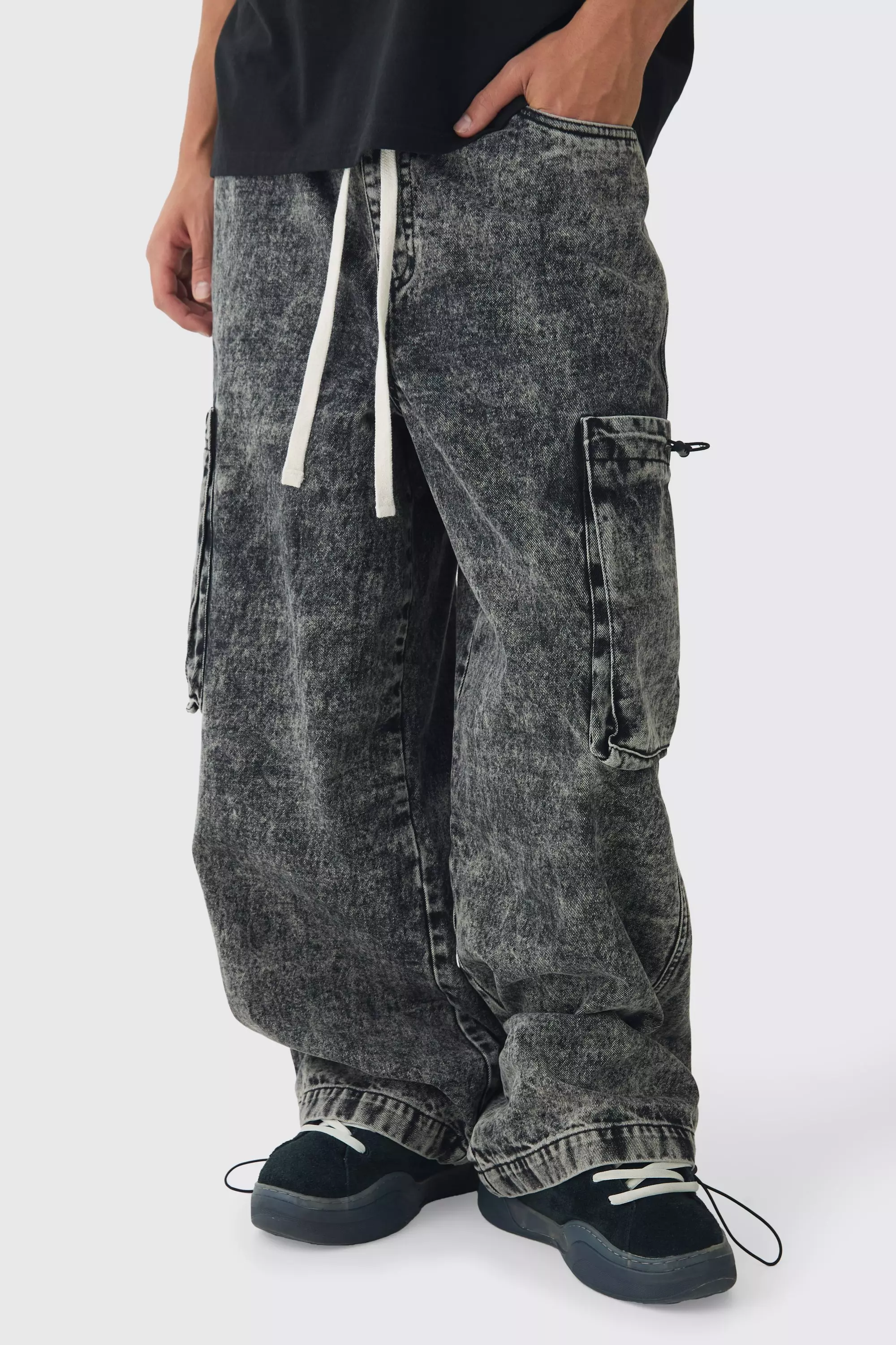 Black Elasticated Waist Parachute Acid Wash Cargo Jeans alternative image