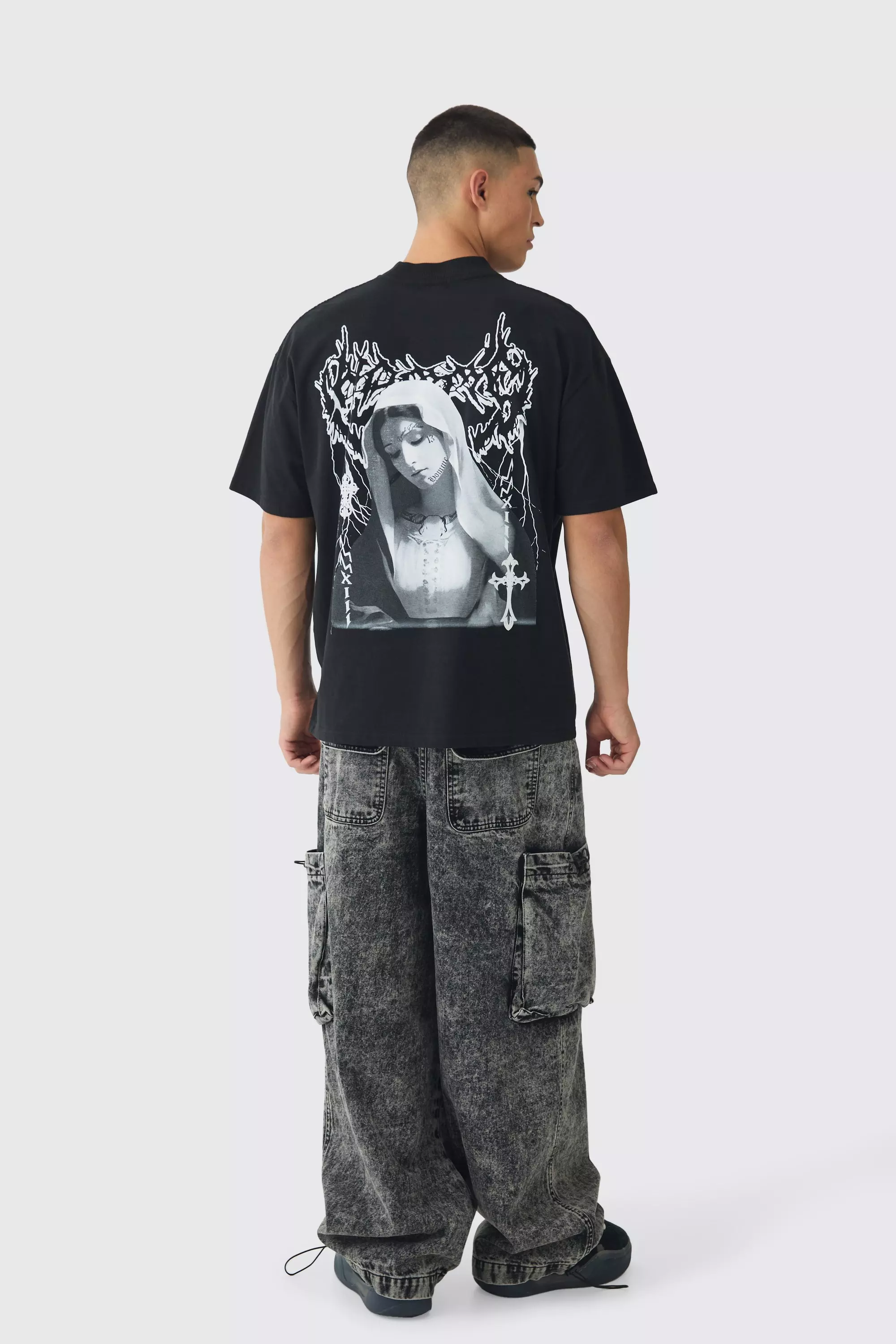 Black Elasticated Waist Parachute Acid Wash Cargo Jeans alternative image