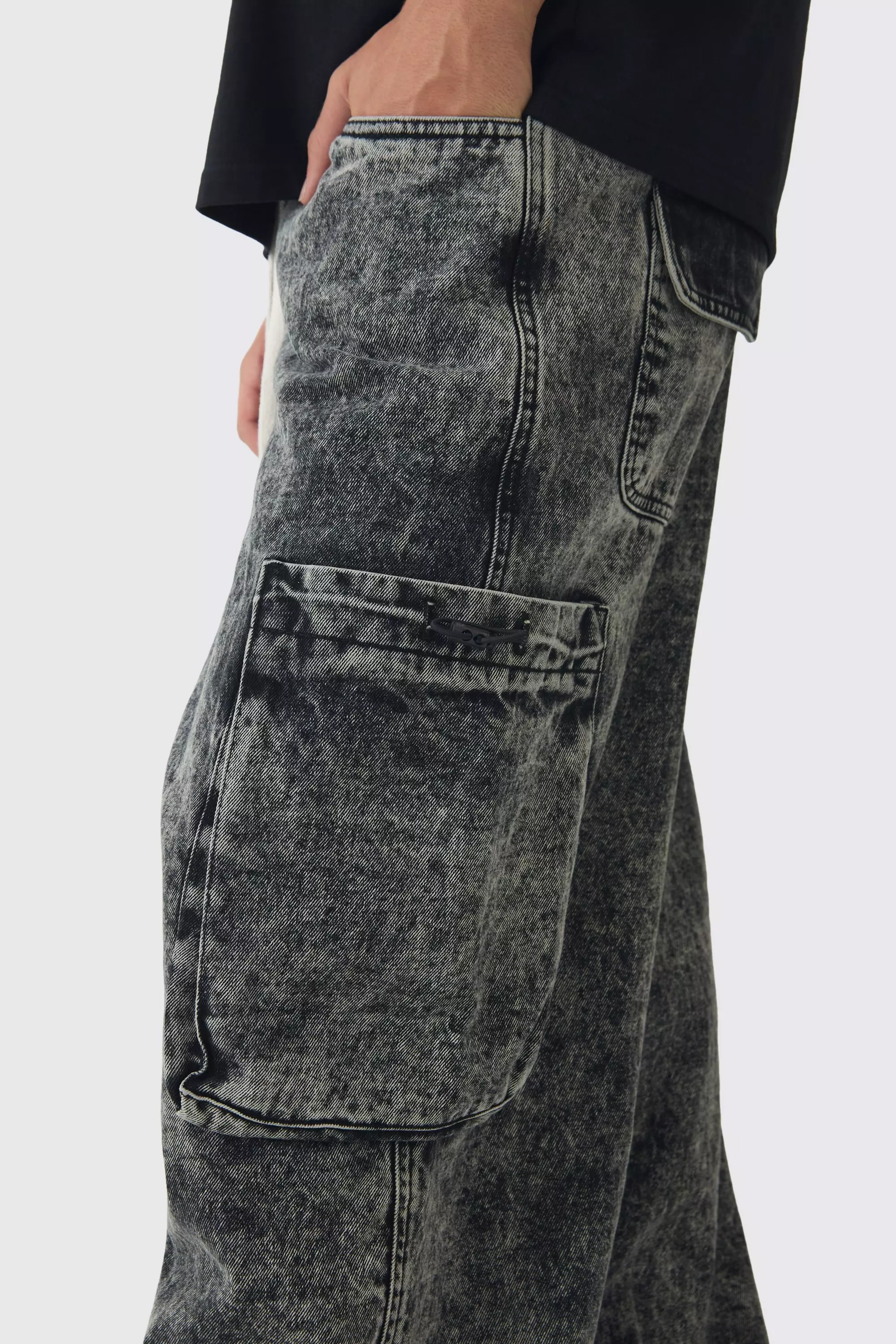 Black Elasticated Waist Parachute Acid Wash Cargo Jeans alternative image