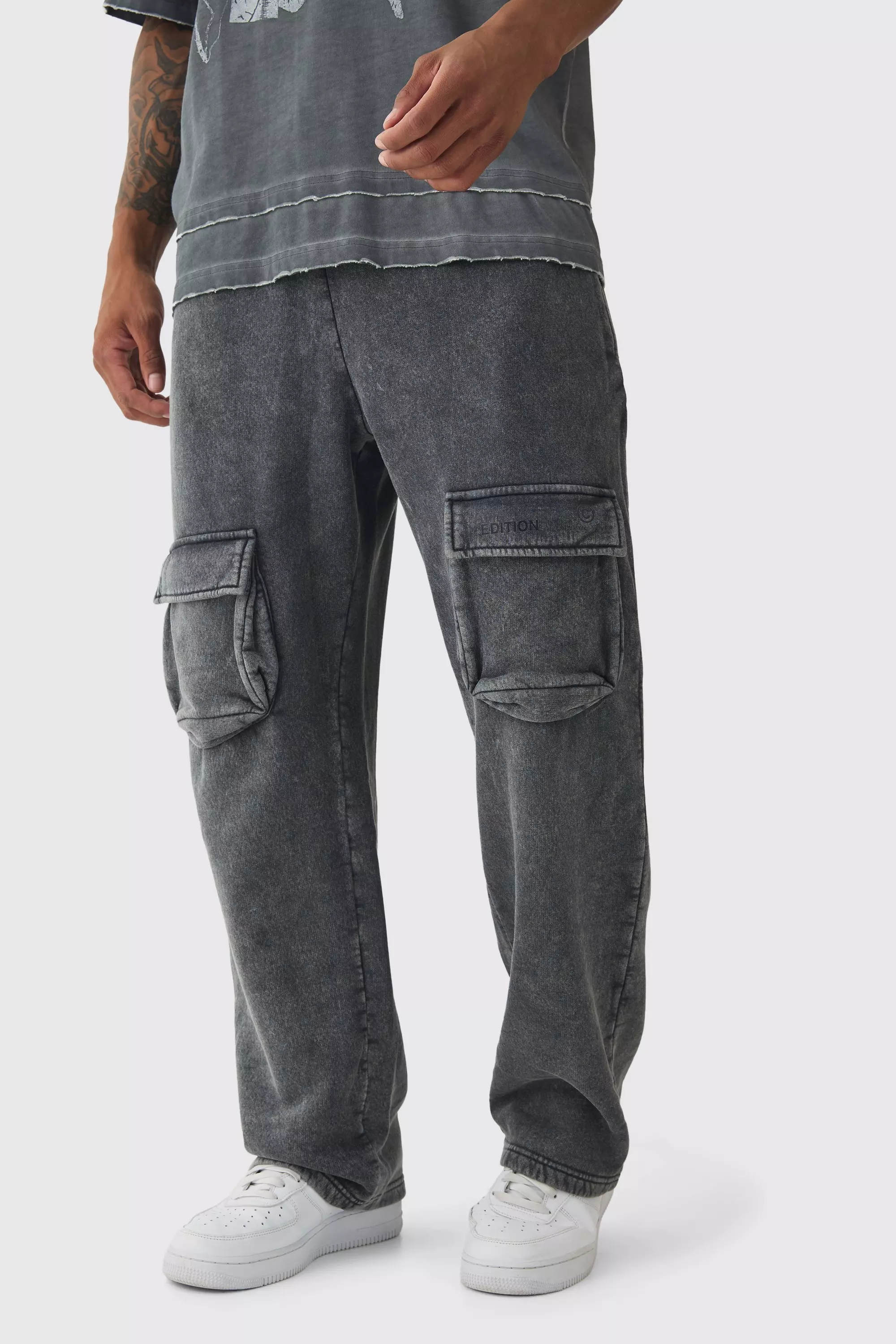 Straight Leg Washed Cargo Limited Edition Sweatpants Charcoal