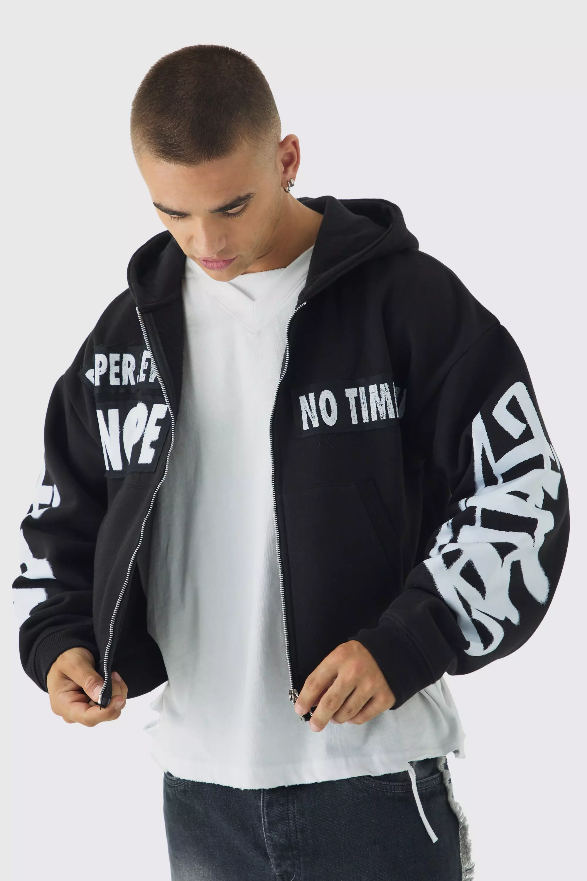 Shrunken Fit Graffiti Applique Zip Through Hoodie Black