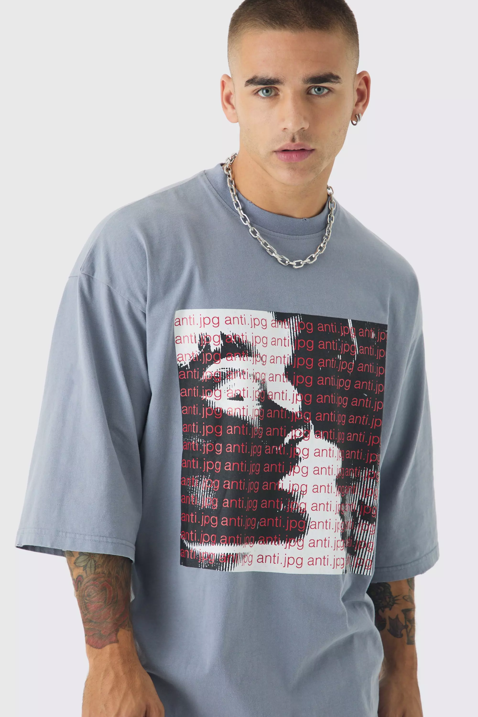 T-shirt oversize épais délavé à imprimé graffiti, Charcoal autre image