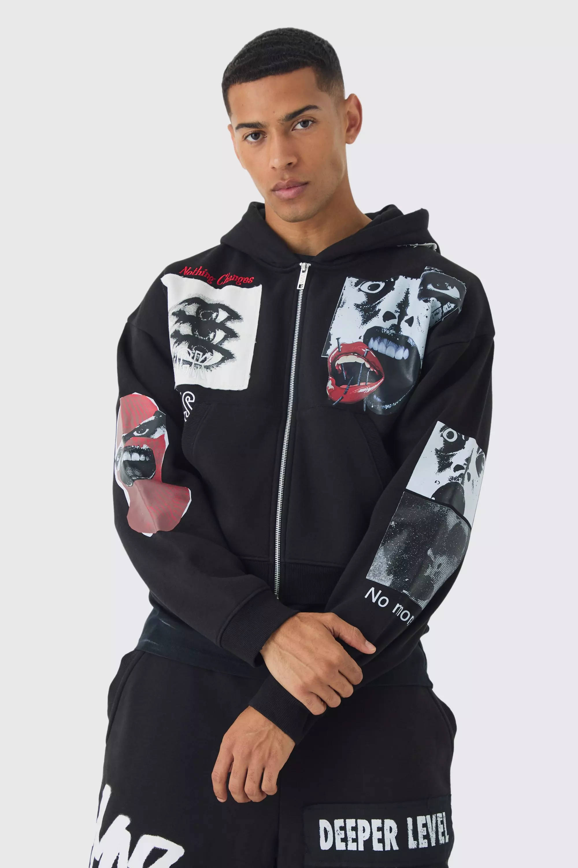 Black Shrunken Fit Distressed Tab Zip Through Hoodie alternative image