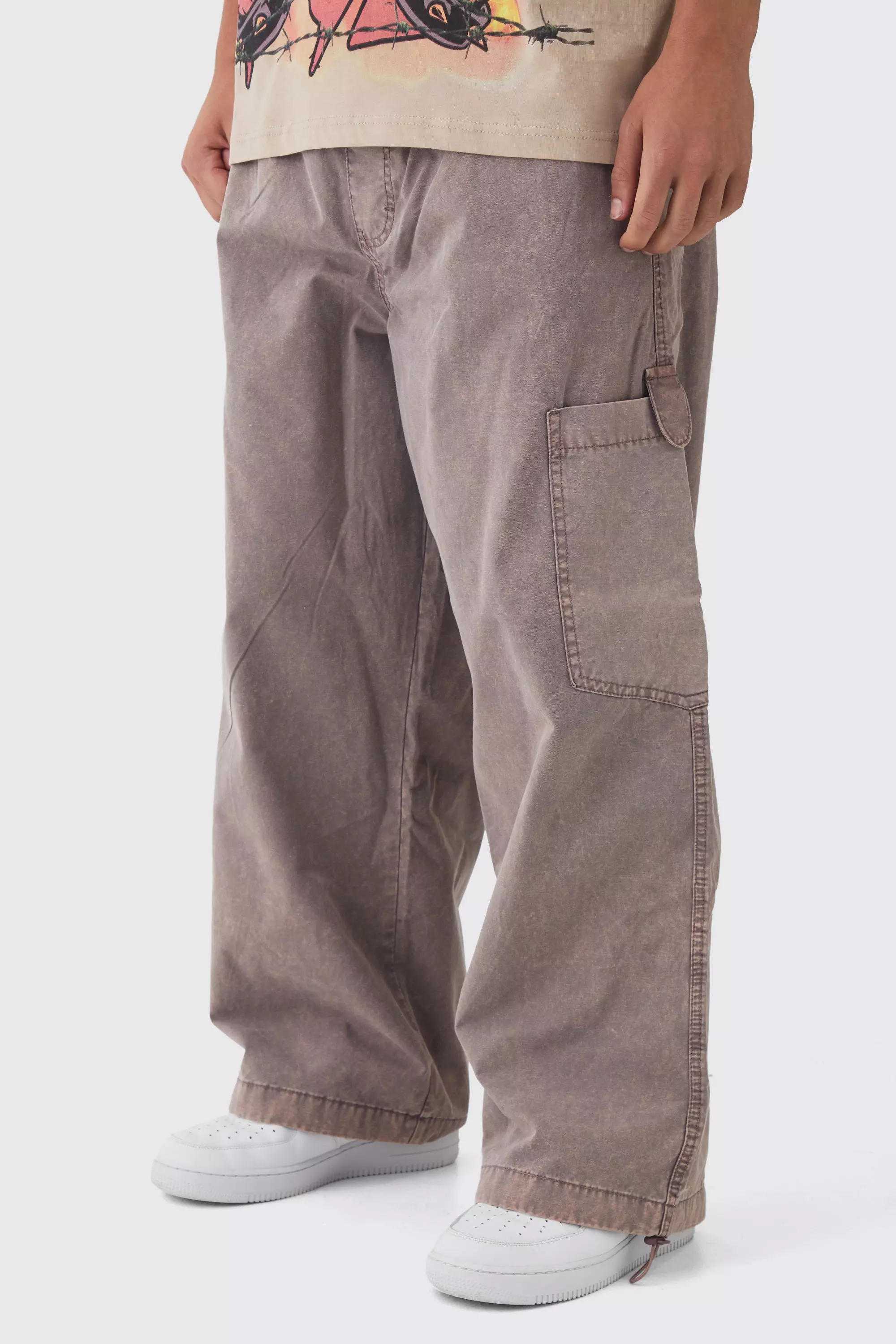 Taupe Beige Elasticated Waist Extreme Baggy Oil Wash Cargo Pants