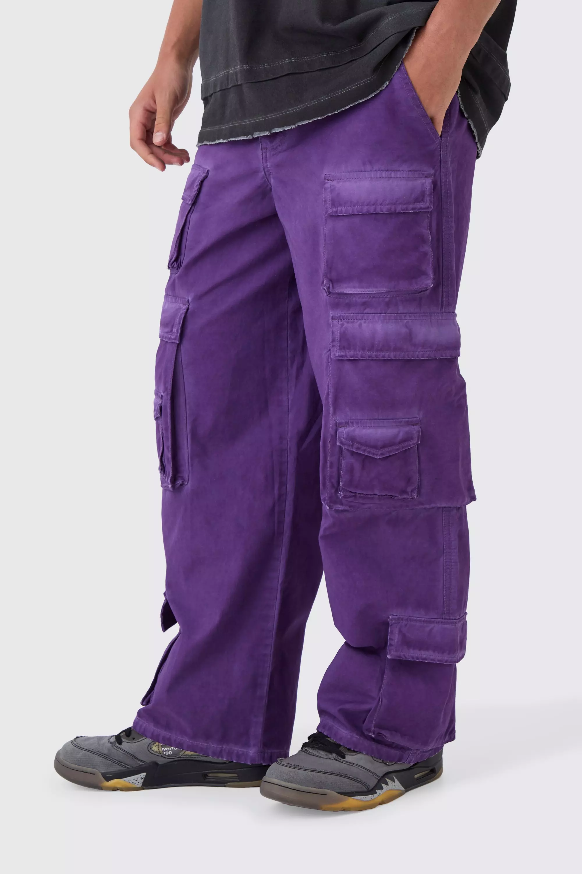 Purple Fixed Waist Baggy Oil Wash Cargo Pants