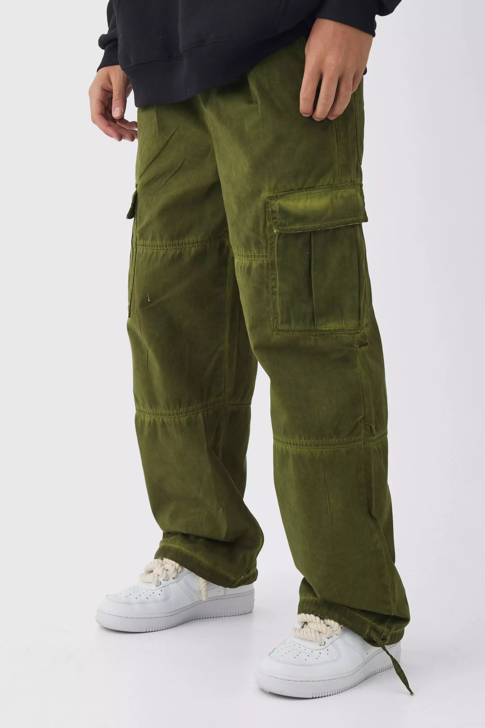 Elasticated Waist Baggy Oil Wash Printed Cargo Pants Khaki