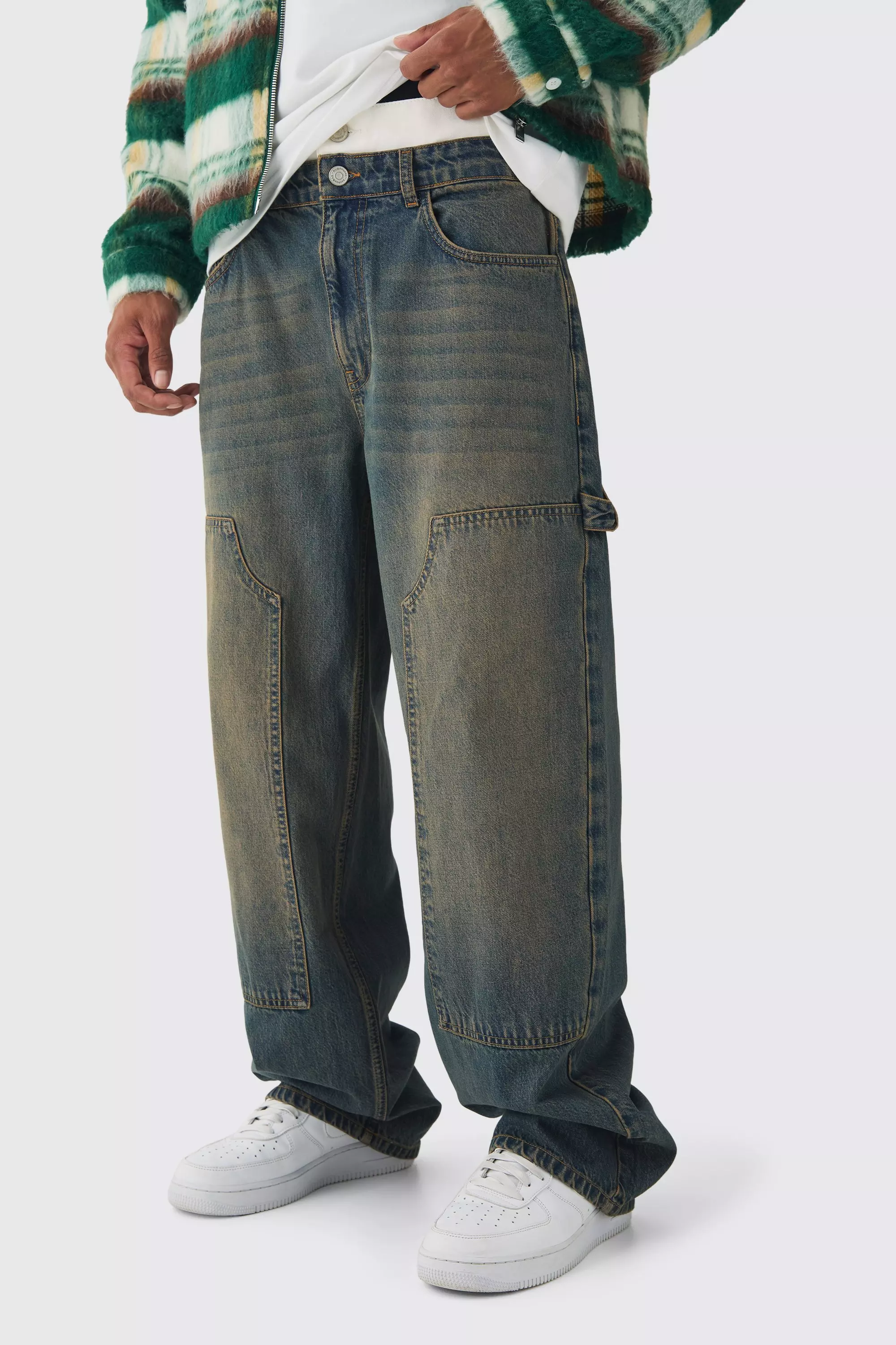 Brown Baggy Fit Rigid Double Waistband Carpenter Jeans