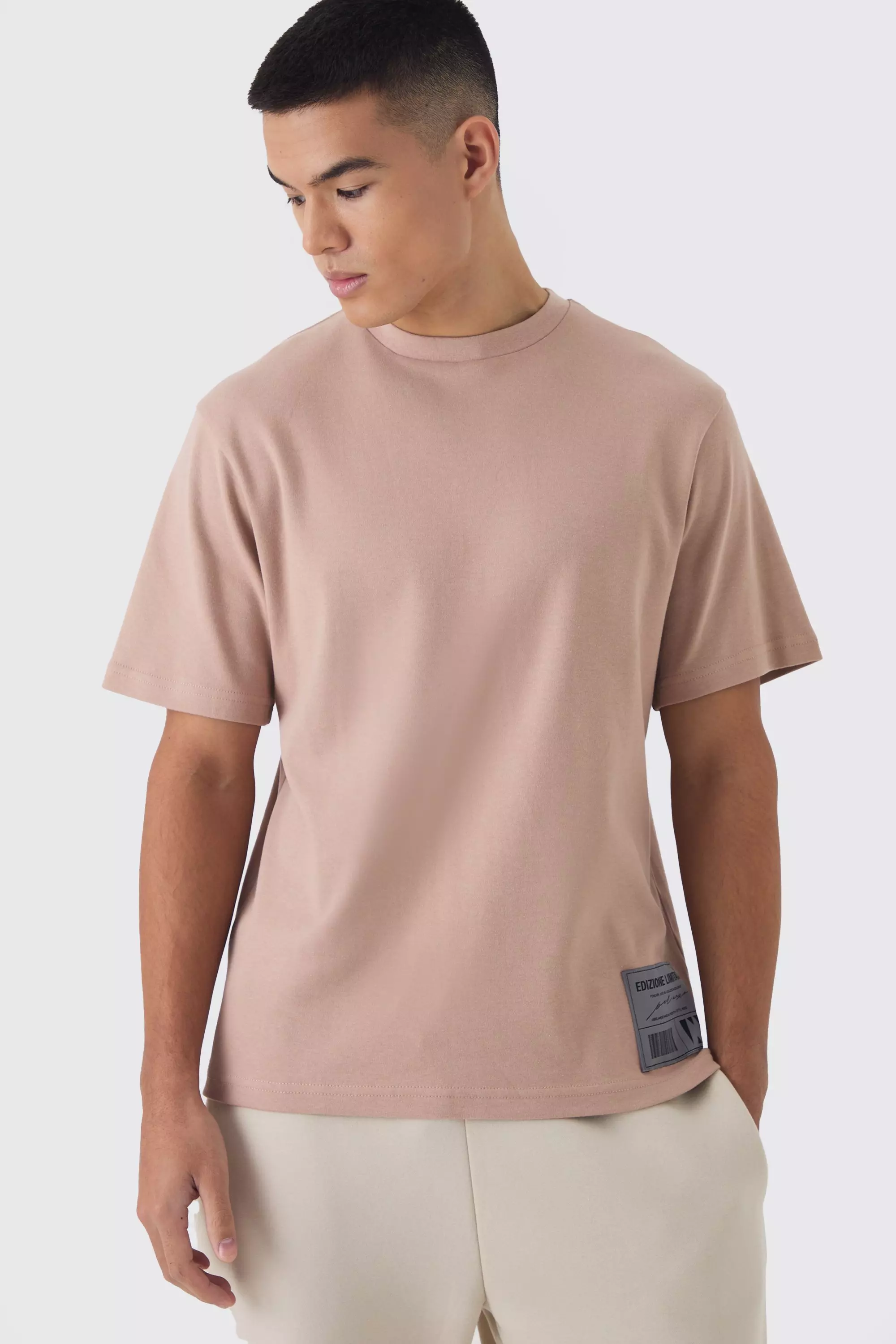 Stone Beige Interlock Embroidered Tab T-shirt