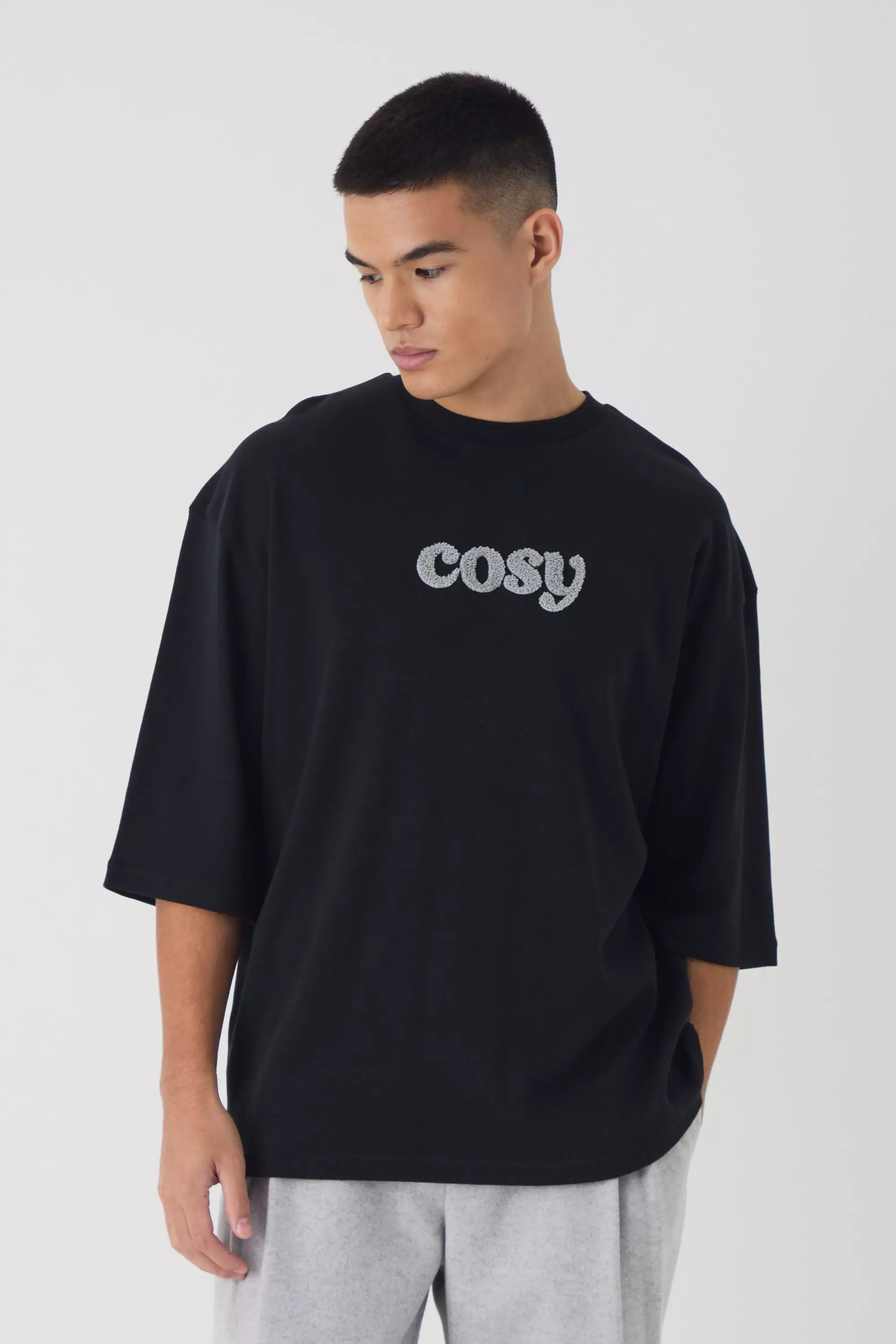 Oversized Half Sleeve Interlock Cosy Applique T-Shirt Black