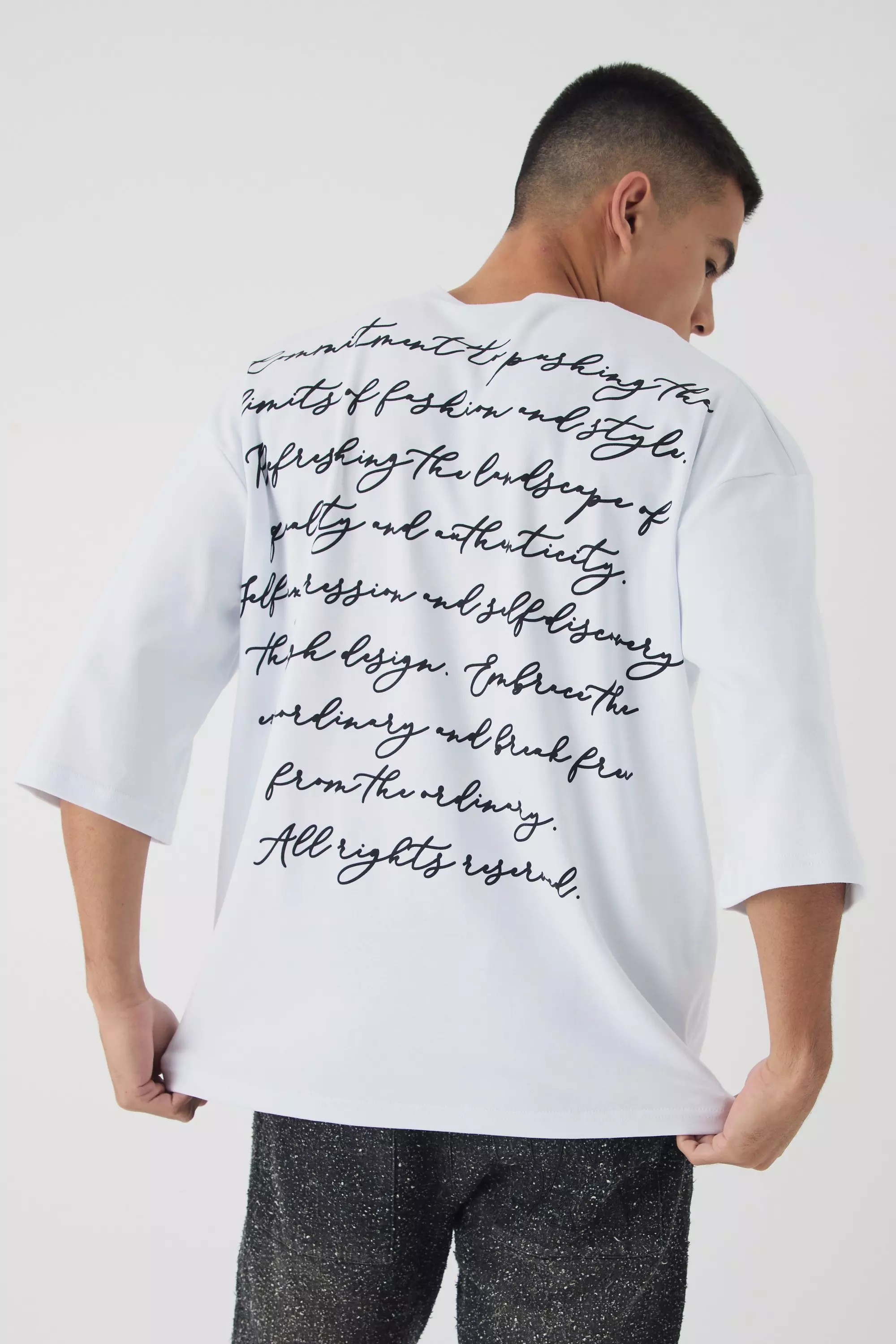 Oversized Half Sleeve Interlock Embroidered Script Print T-Shirt White