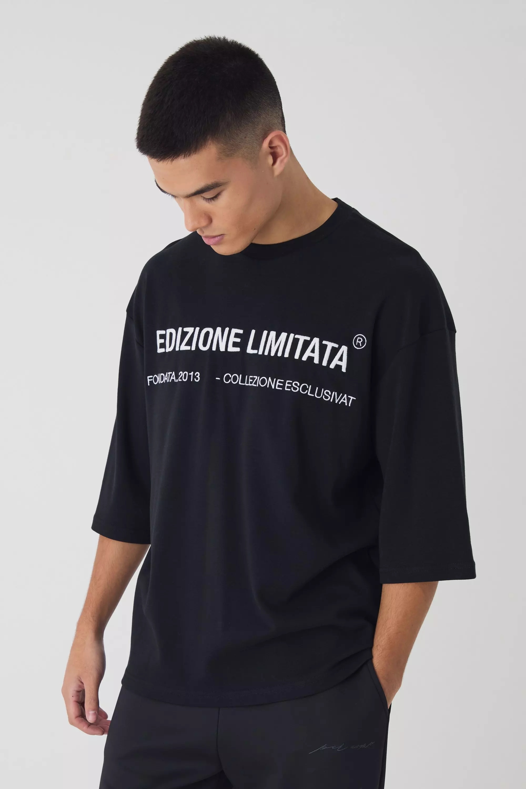 Oversized Half Sleeve Interlock Embroidered T-Shirt Black