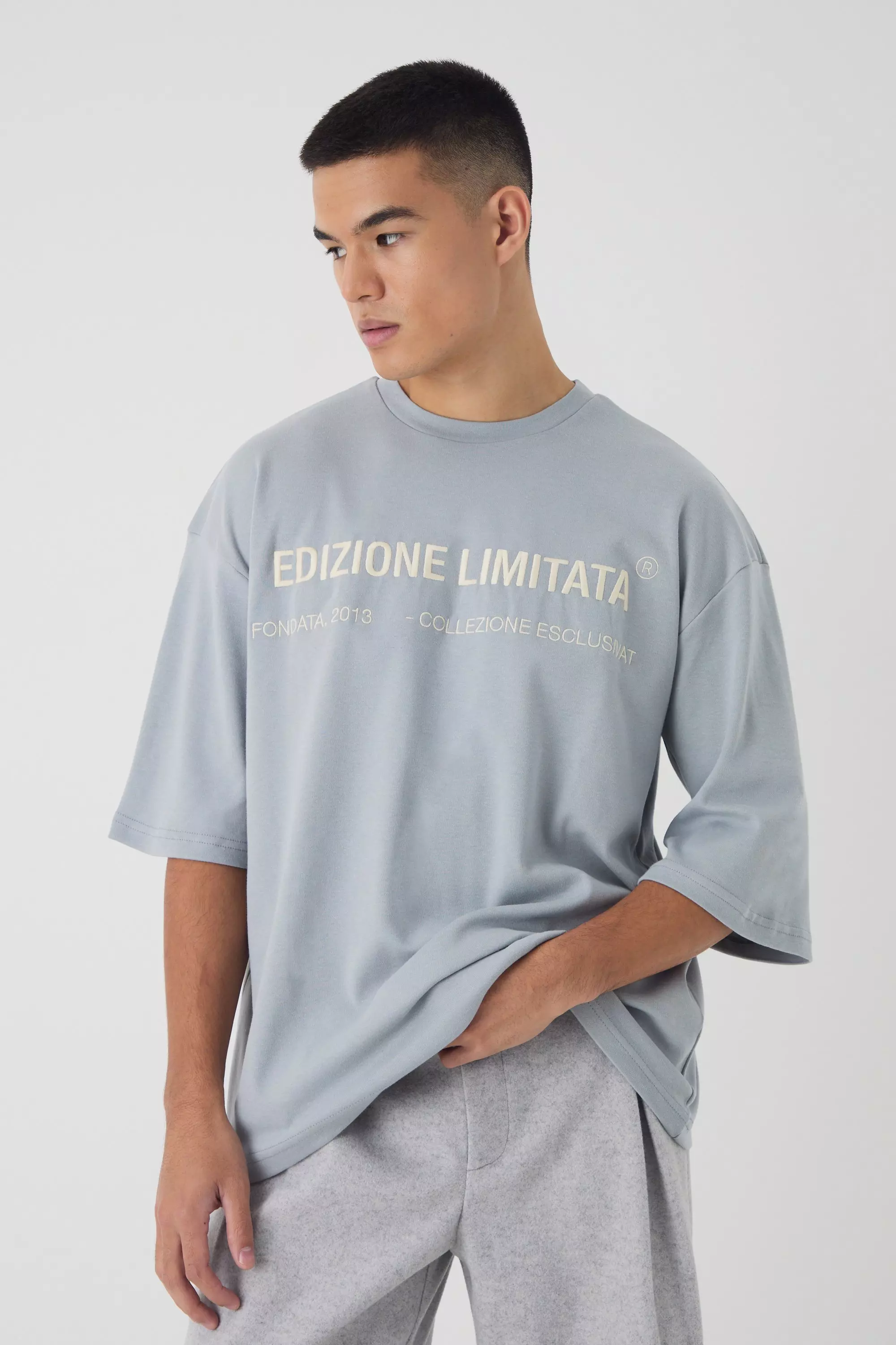 Oversized Half Sleeve Interlock Embroidered T-Shirt Grey