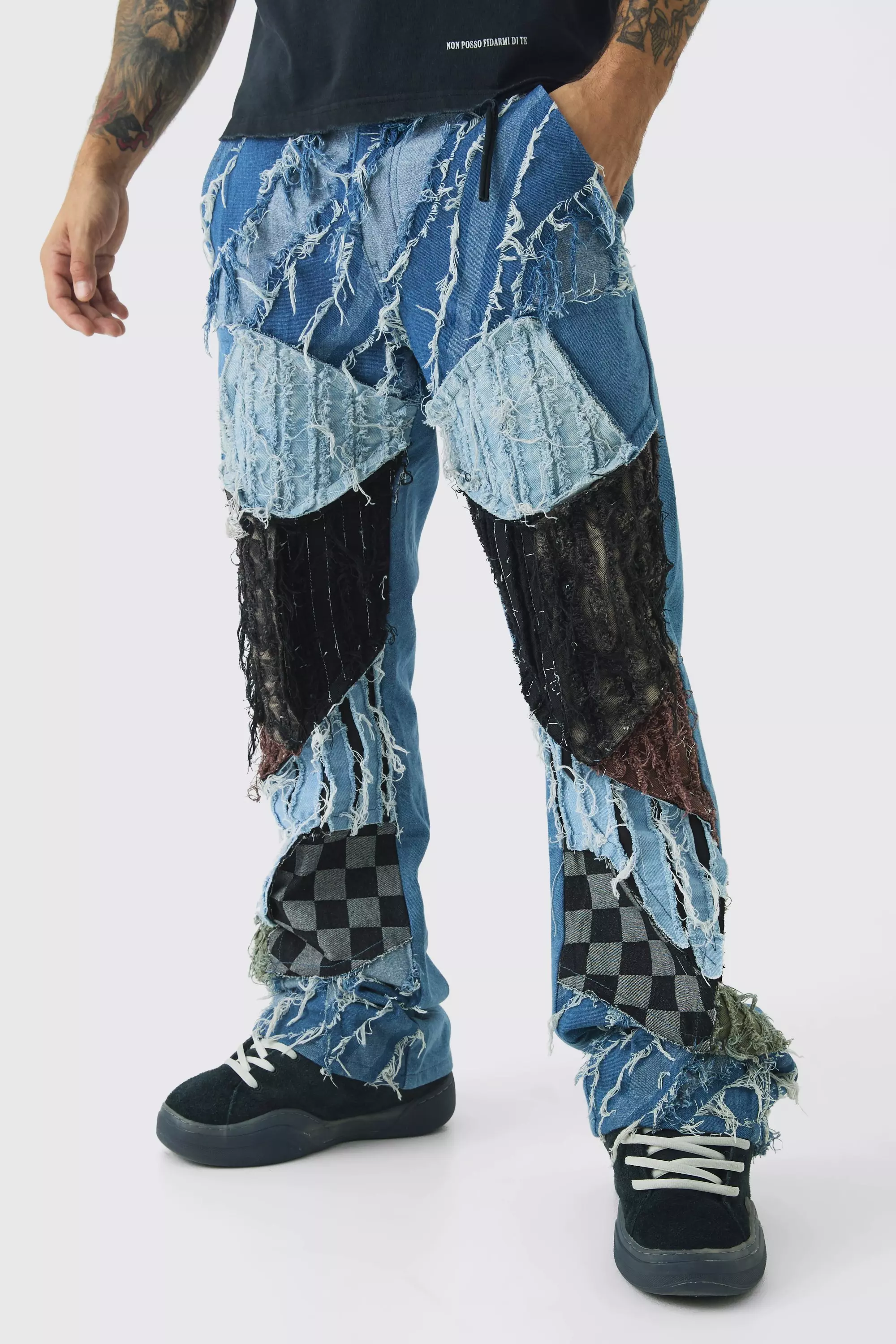 Relaxed Rigid Flare Distressed Patchwork Jeans Multi