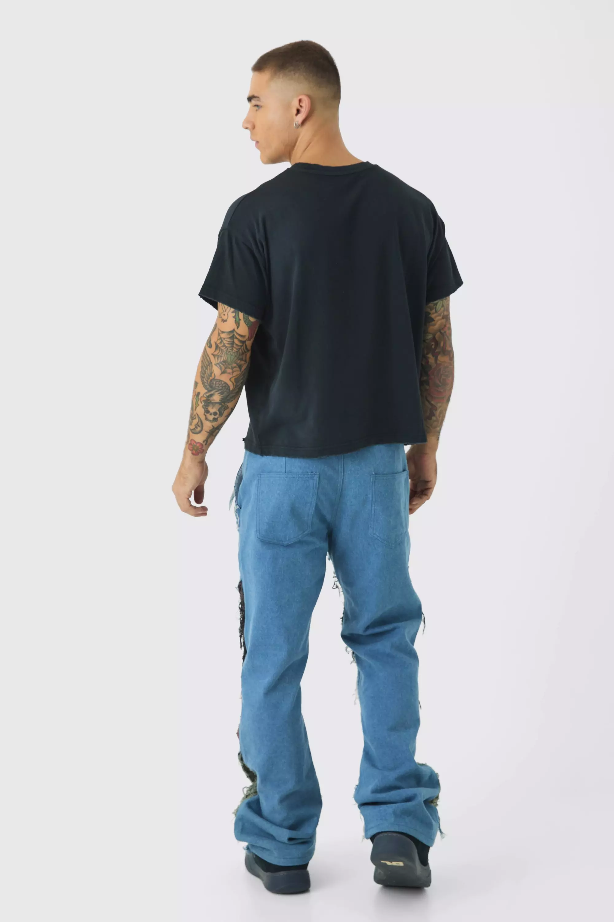 Multi Relaxed Rigid Flare Distressed Patchwork Jeans alternative image