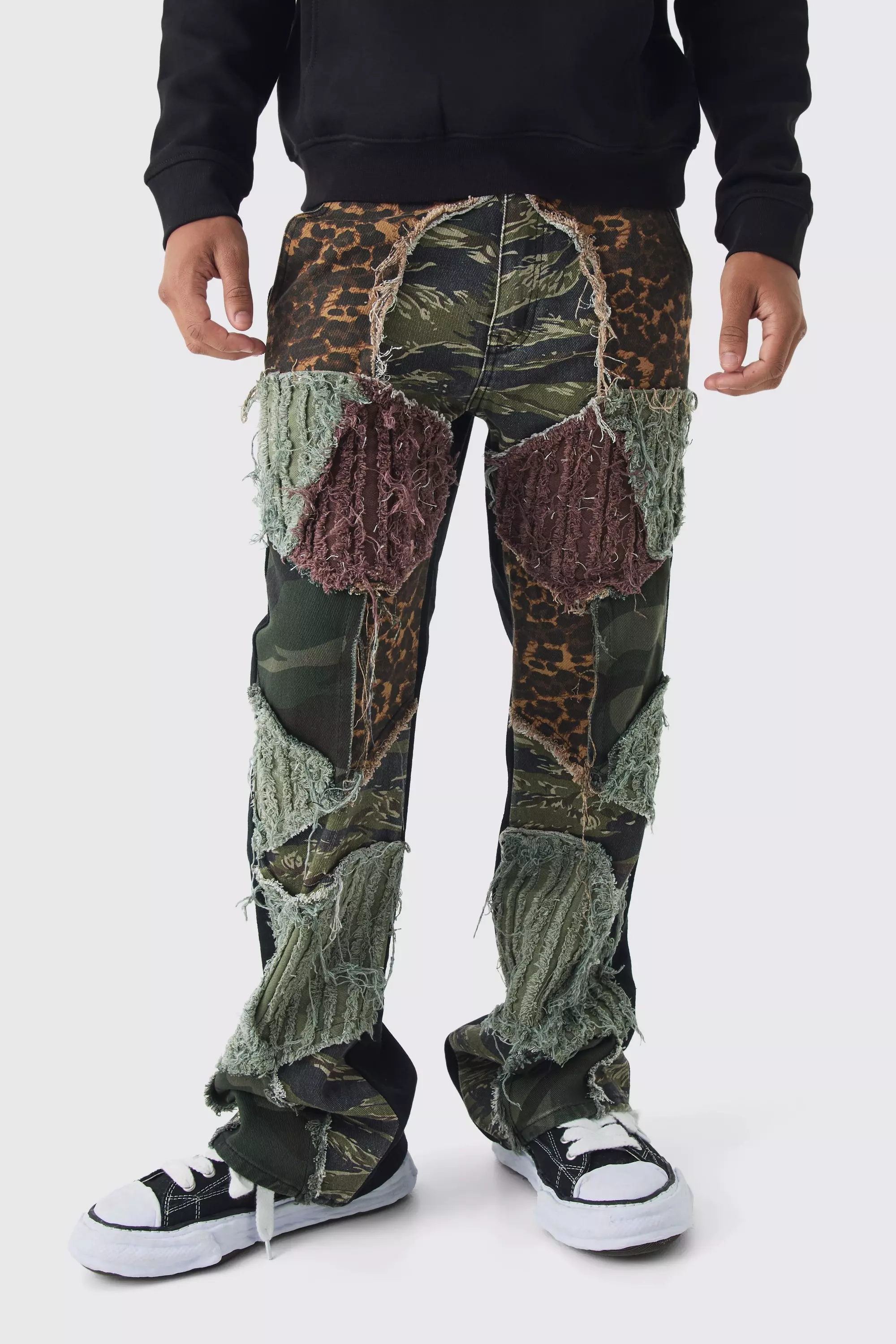 Relaxed Flare Distressed Camo Patchwork Twill Pants Multi