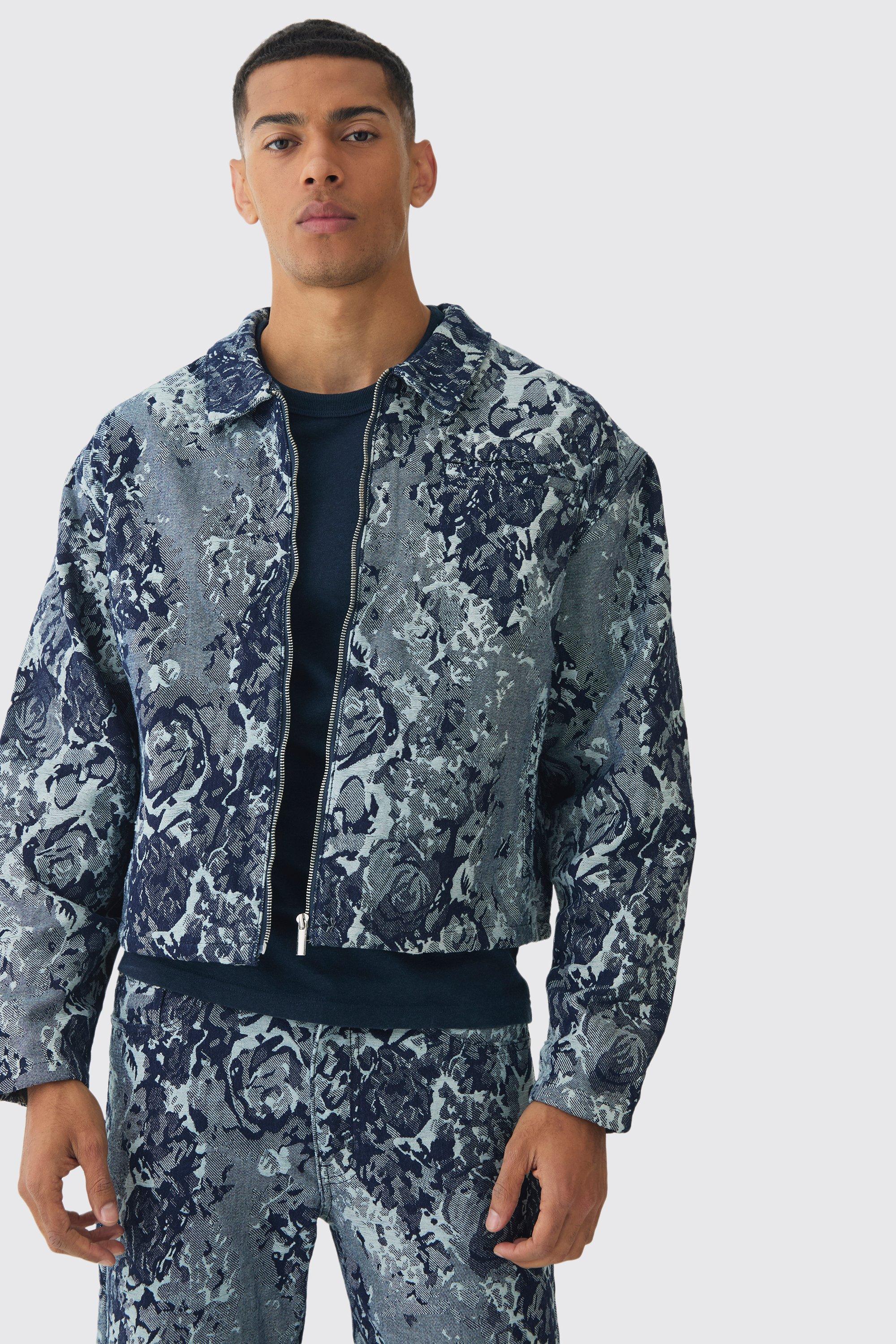 Kastige florale Jacquard Jeansjacke, Mid blue