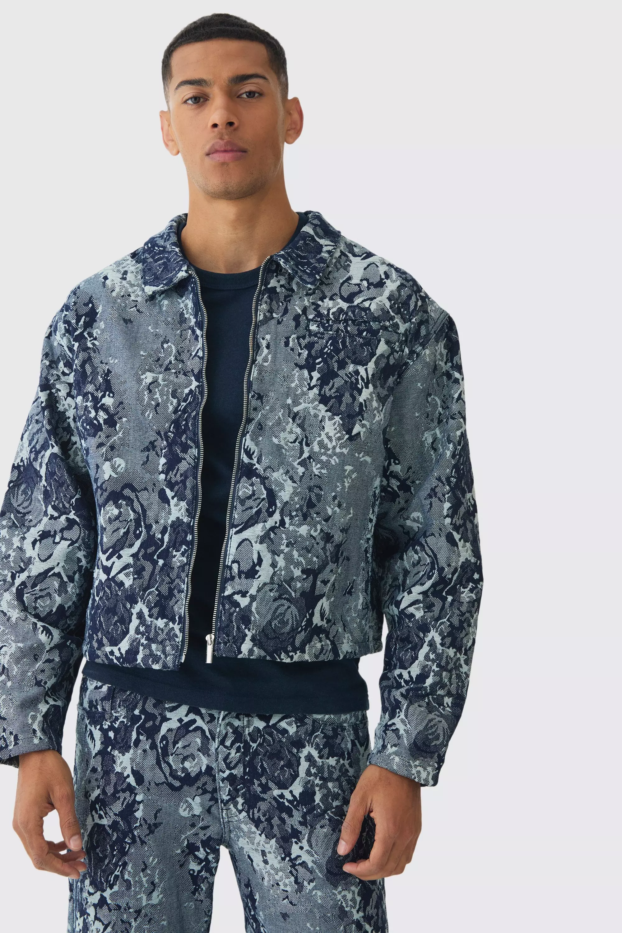 Boxy Floral Jacquard Jean Jacket Mid blue