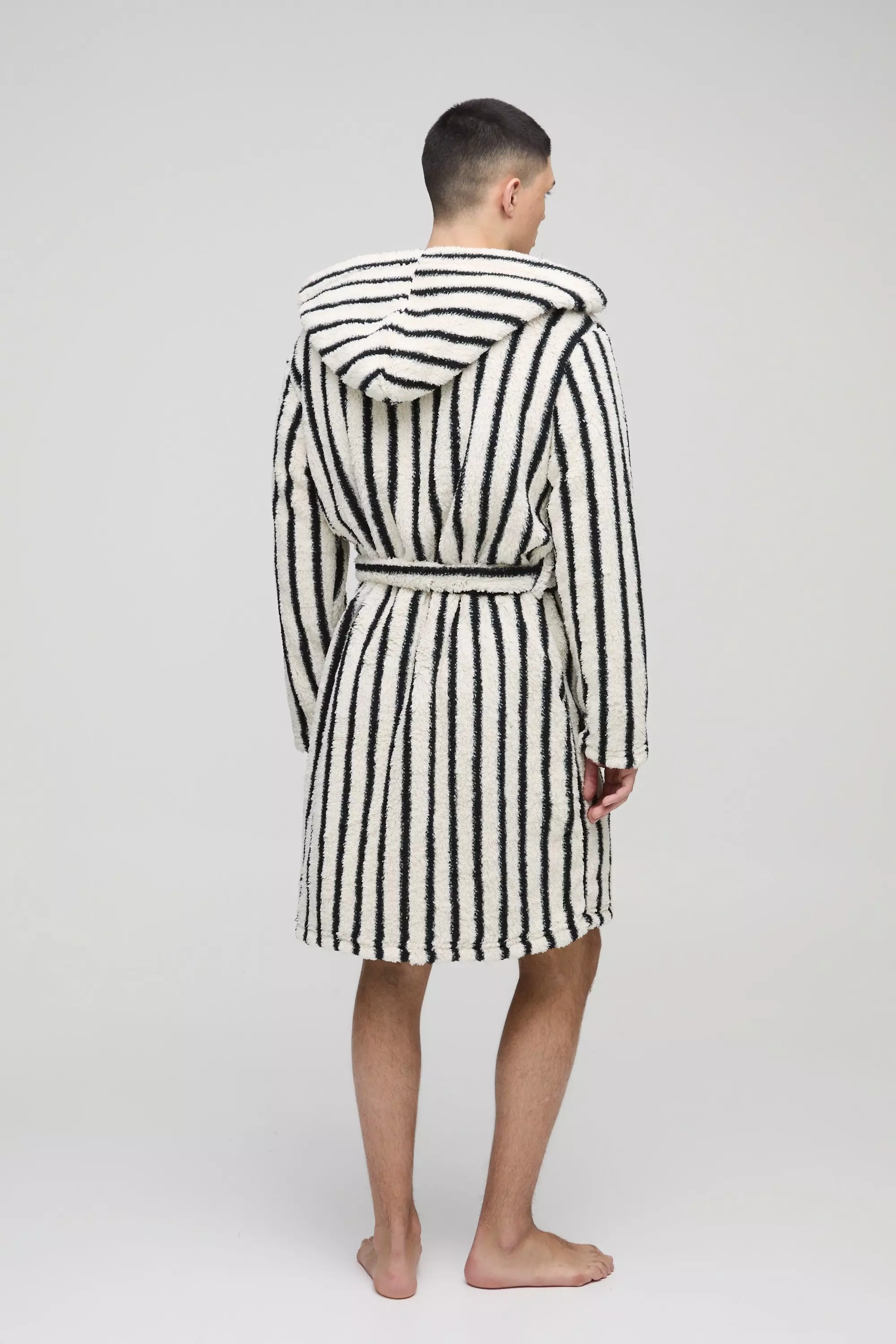 Beige Heavyweight Stripe Fleece Robe With Woven Tab alternative image