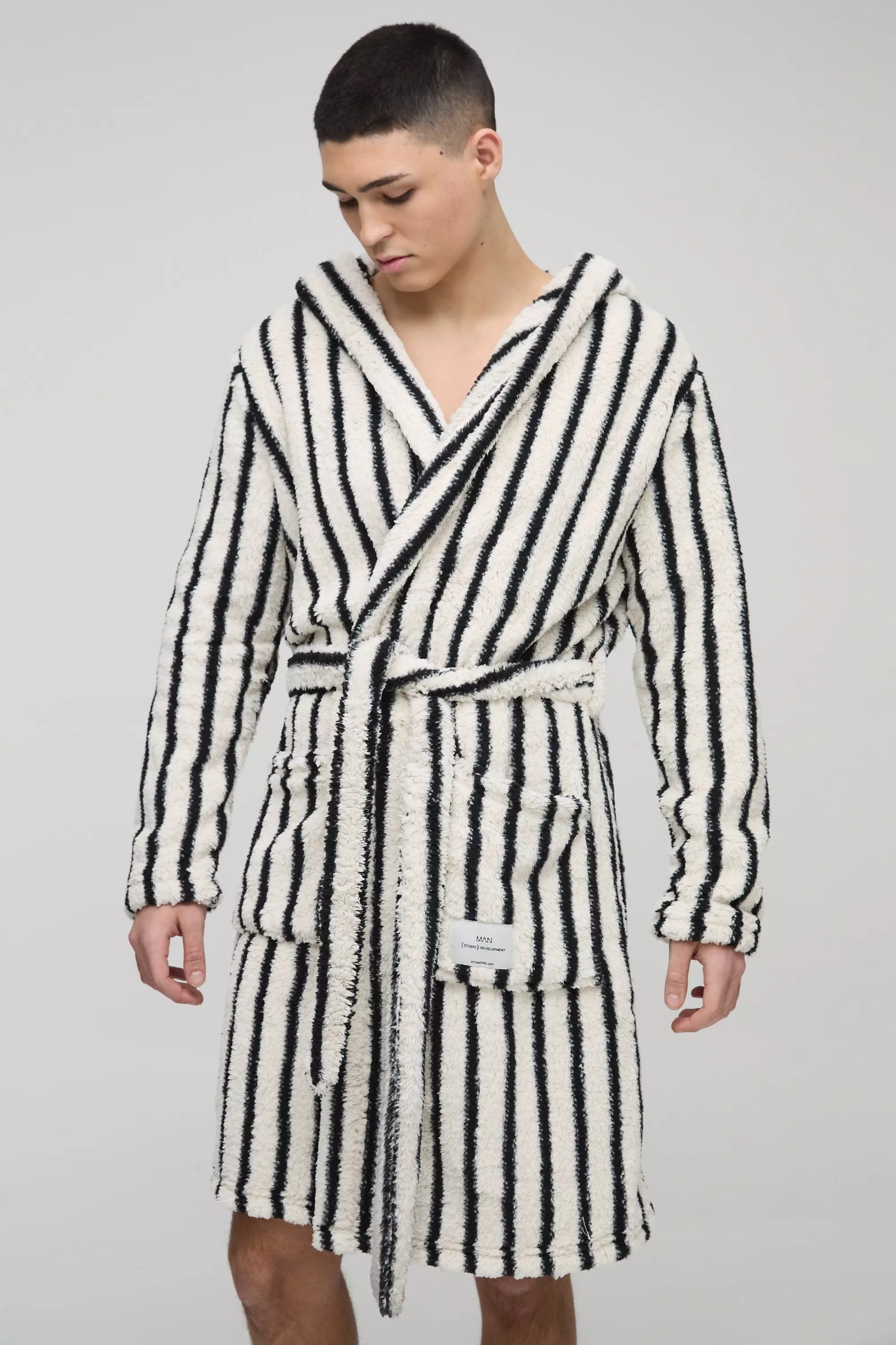 Beige Heavyweight Stripe Fleece Robe With Woven Tab alternative image