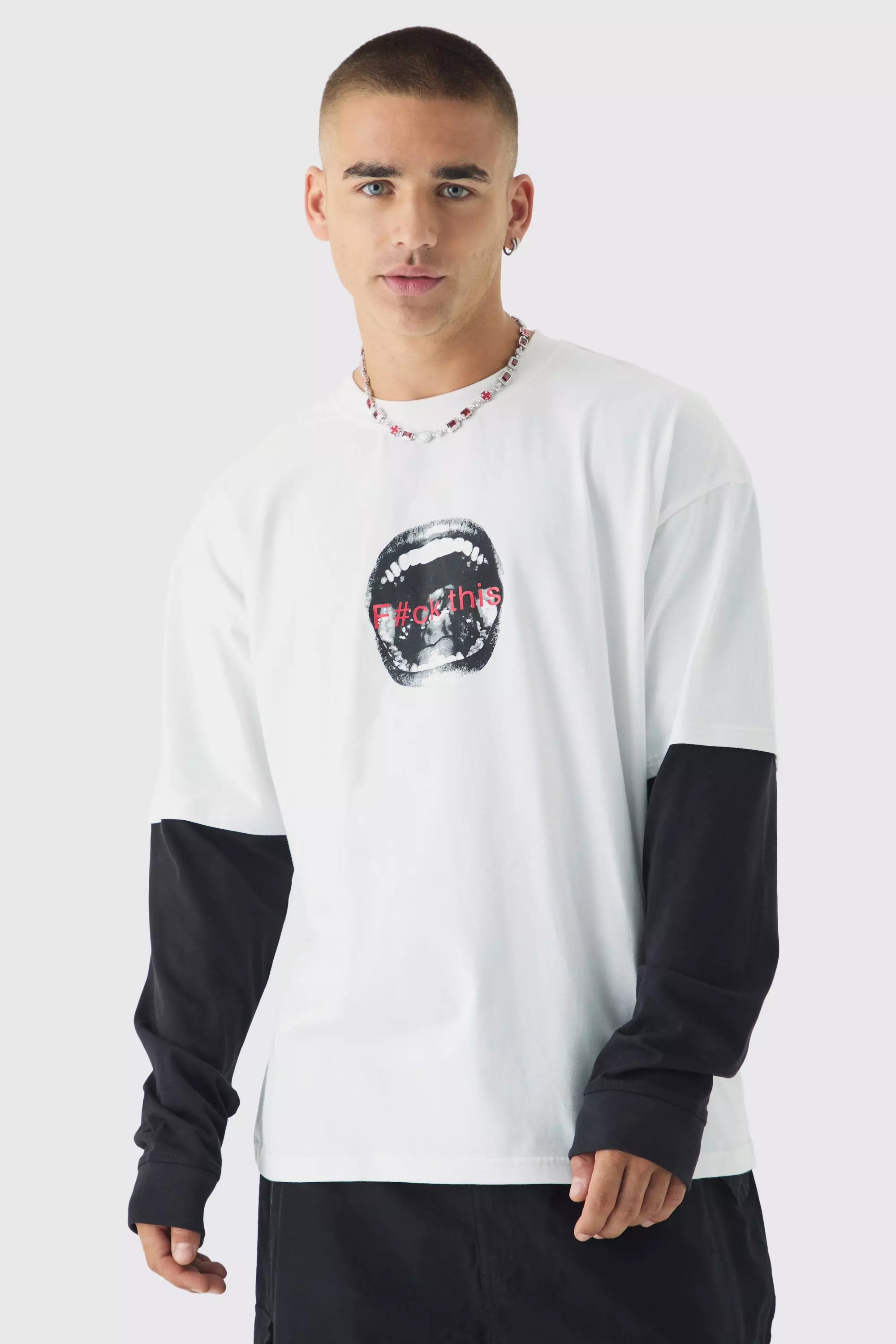 White Oversized Heavyweight Faux Layer Graphic T-Shirt alternative image
