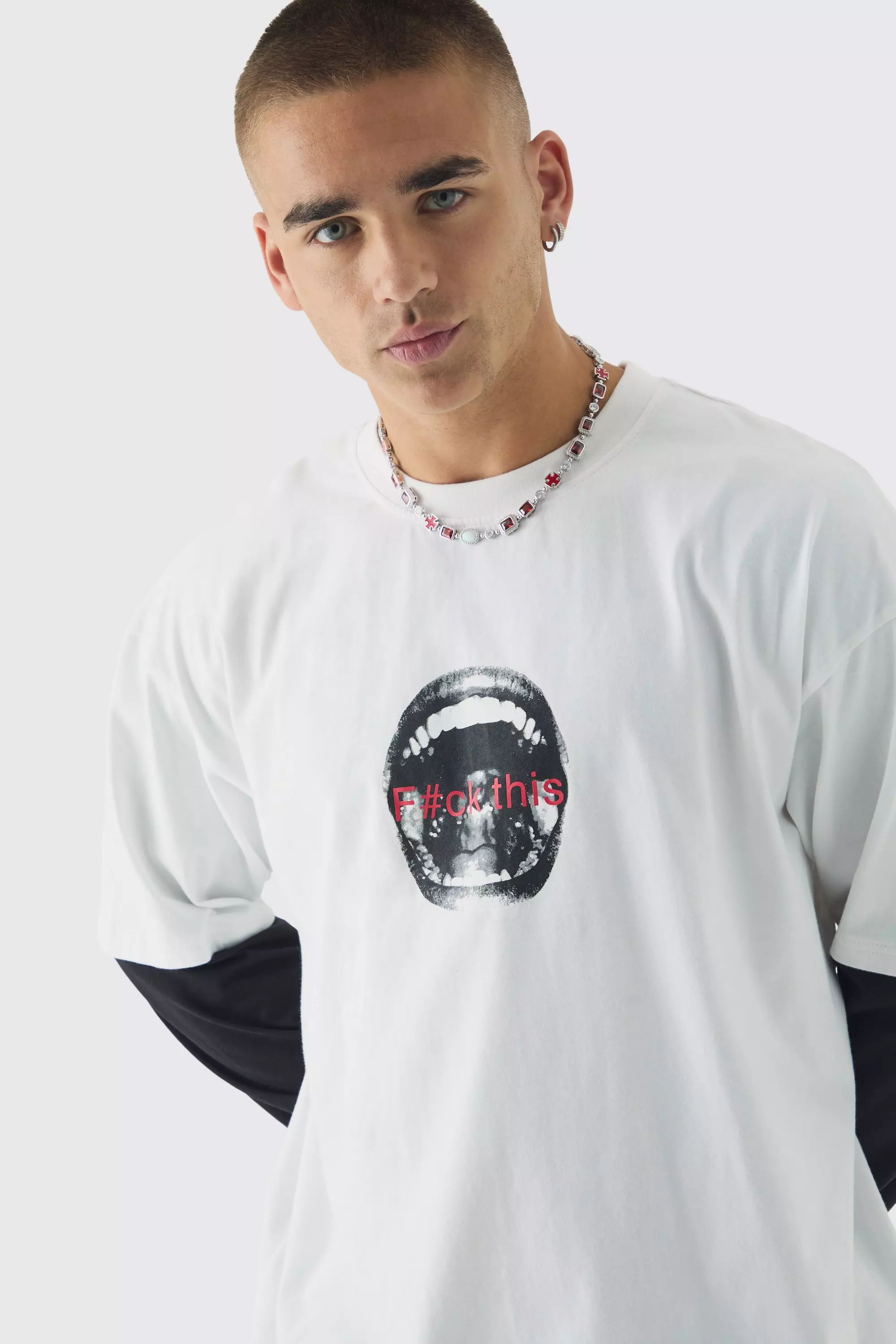 White Oversized Heavyweight Faux Layer Graphic T-Shirt alternative image