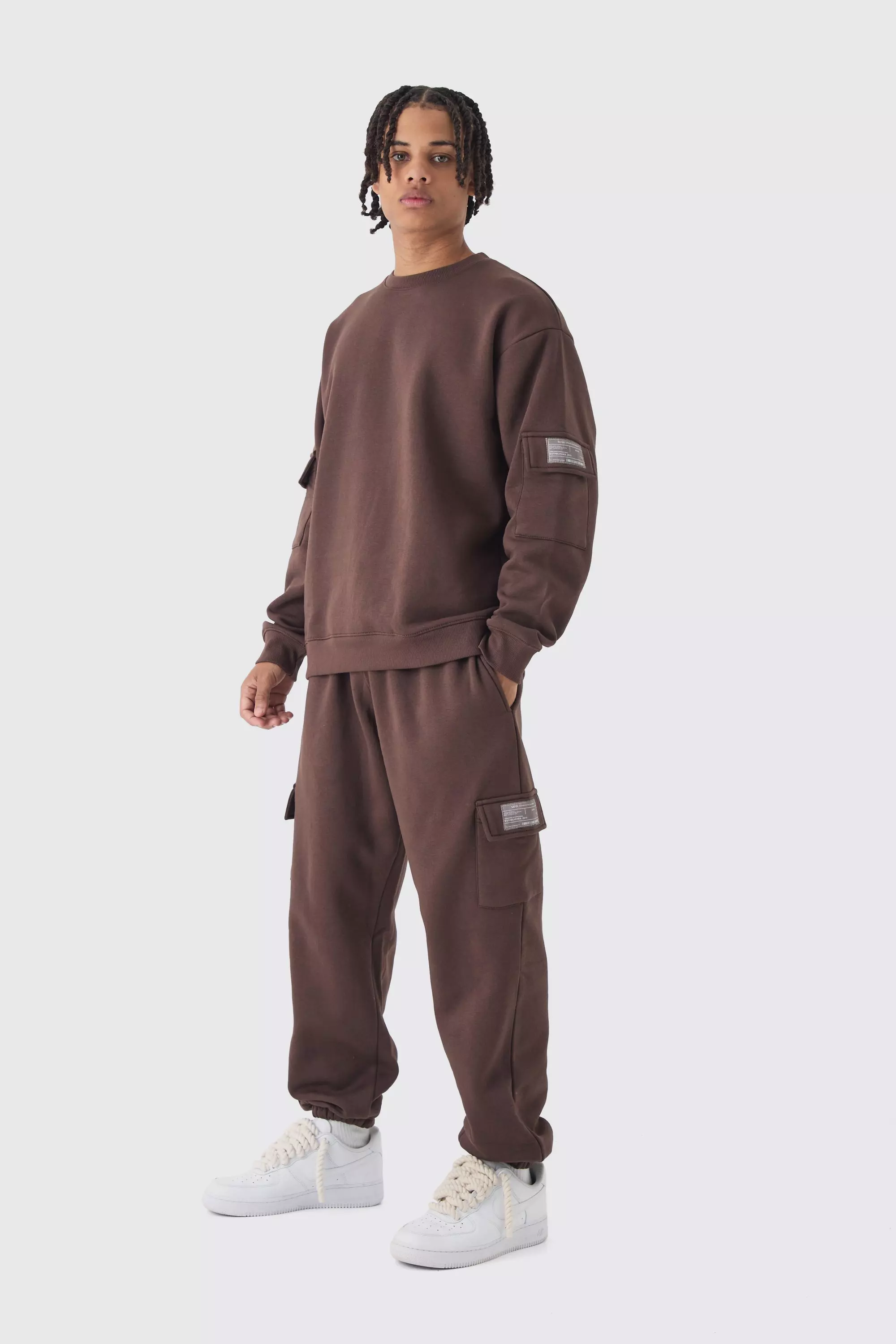 Chocolate Brown Oversized Man Tab Cargo Pocket Sweatshirt Tracksuit