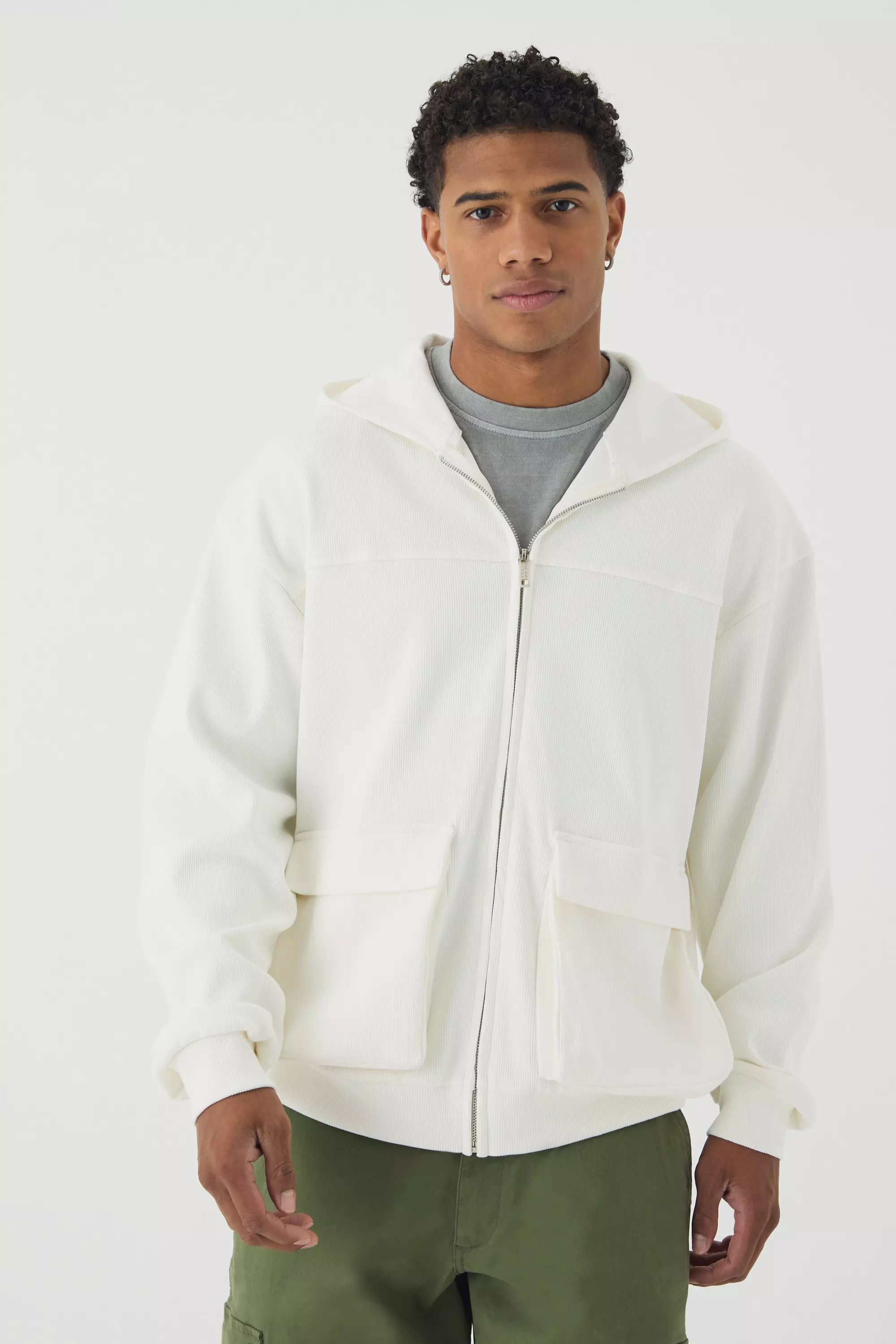 Oversized Heavy Ribbed Pocket Zip Through Hoodie Ecru