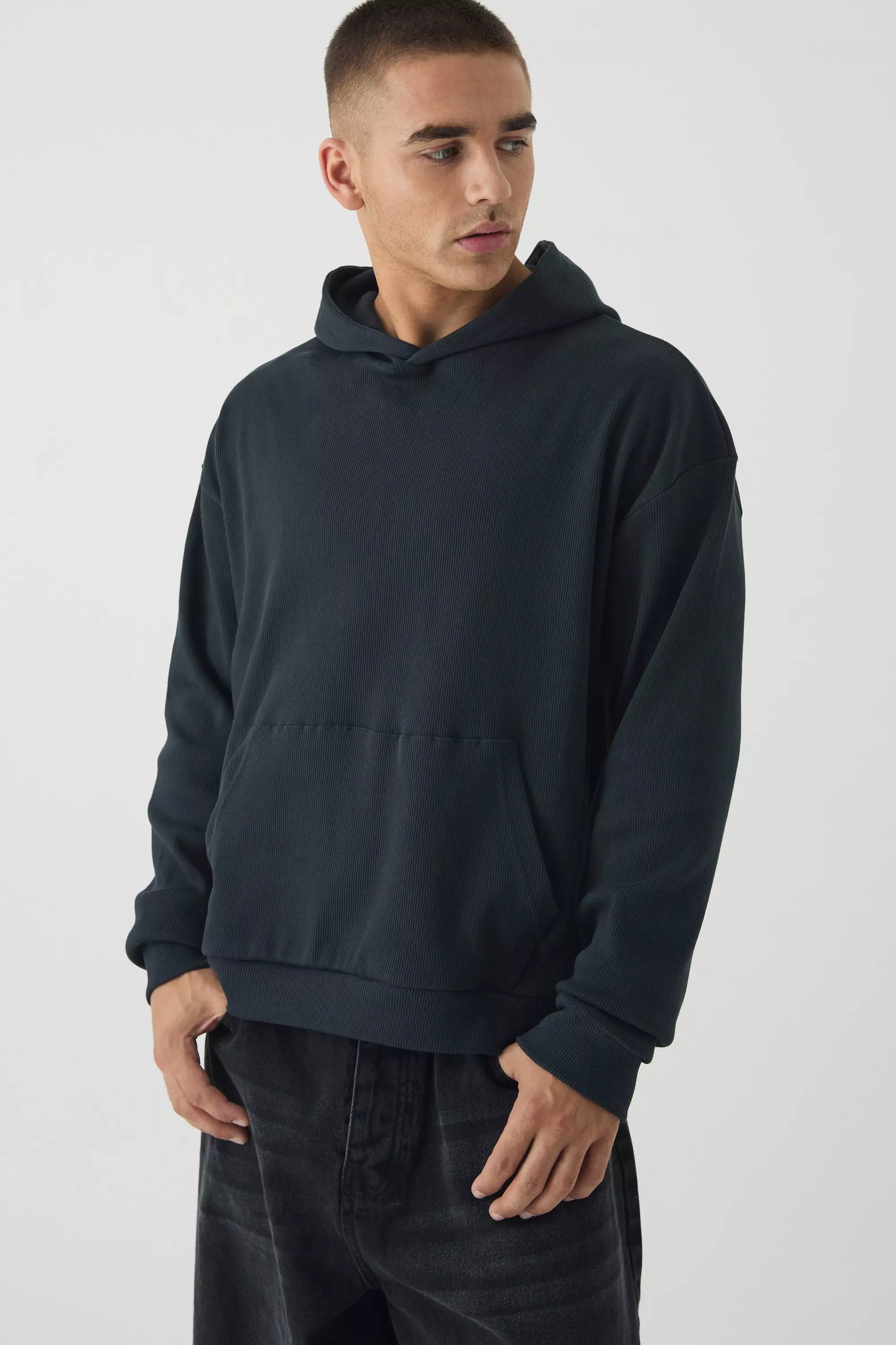 Oversized Boxy Heavy Ribbed Hoodie Black