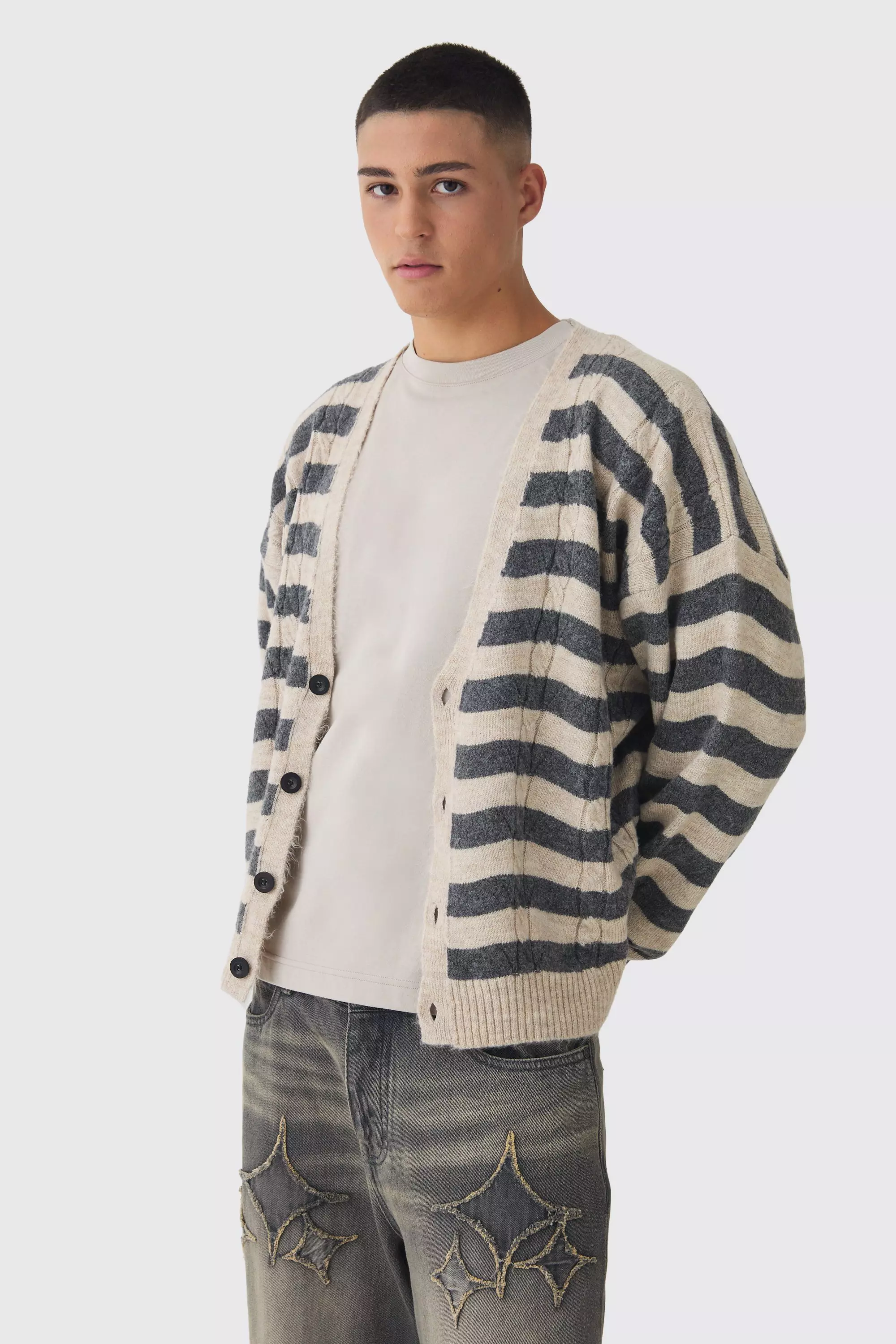 Boxy Brushed Cable Knit Cardigan Ecru