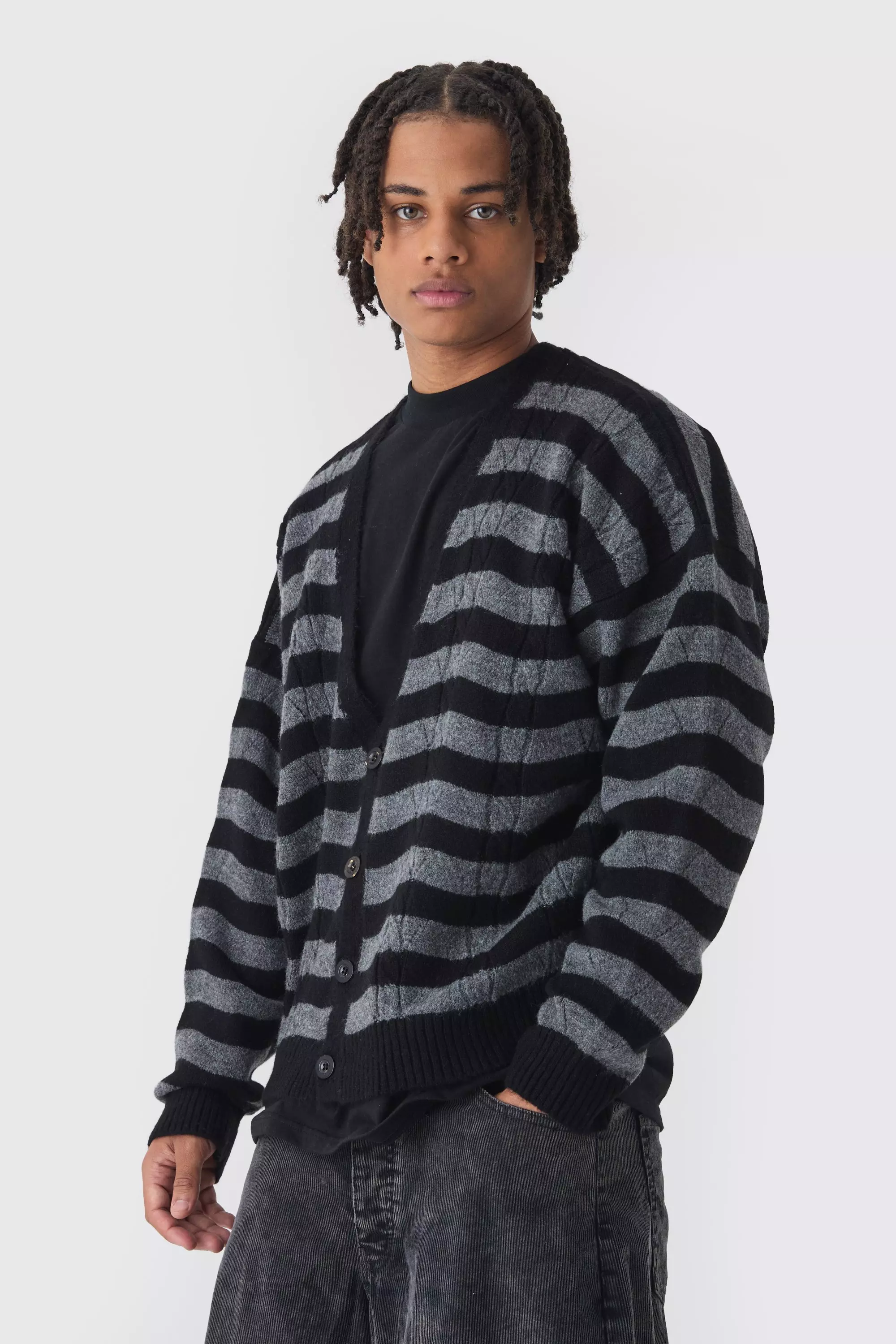 Striped Boxy Brushed Cable Knit Cardigan boohooMAN