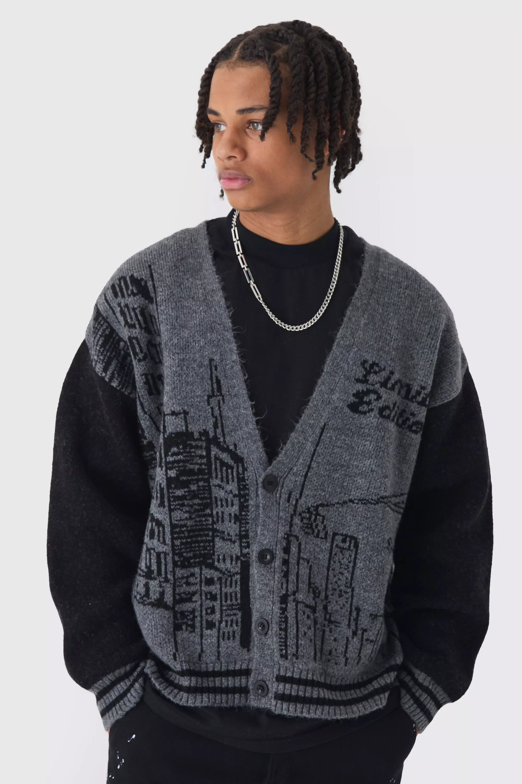 Black Oversized Boxy Brushed City Scape Jacquard Knitted Cardigan