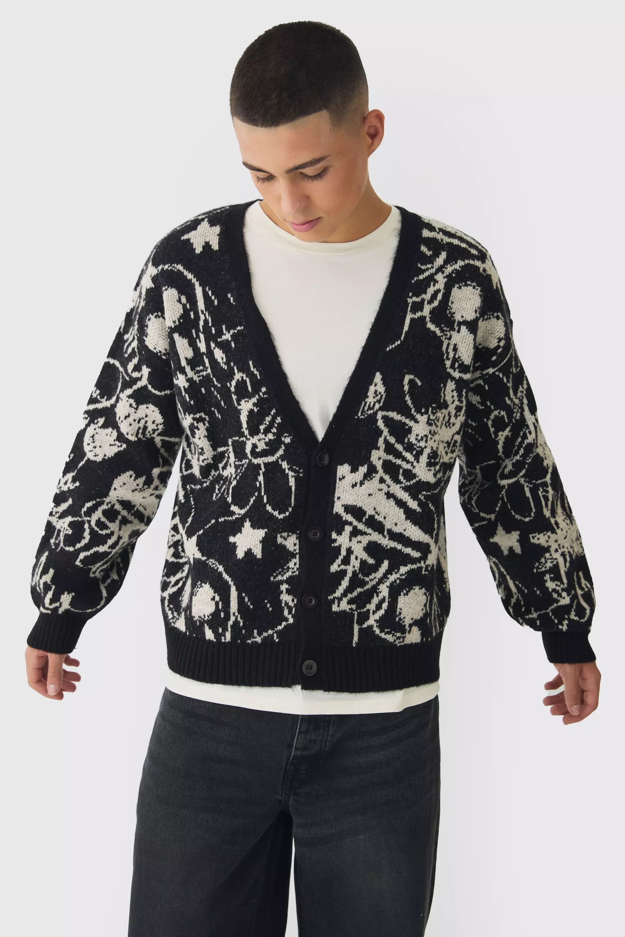 Oversized Boxy Brushed All Over Jacquard knitted Cardigan Black