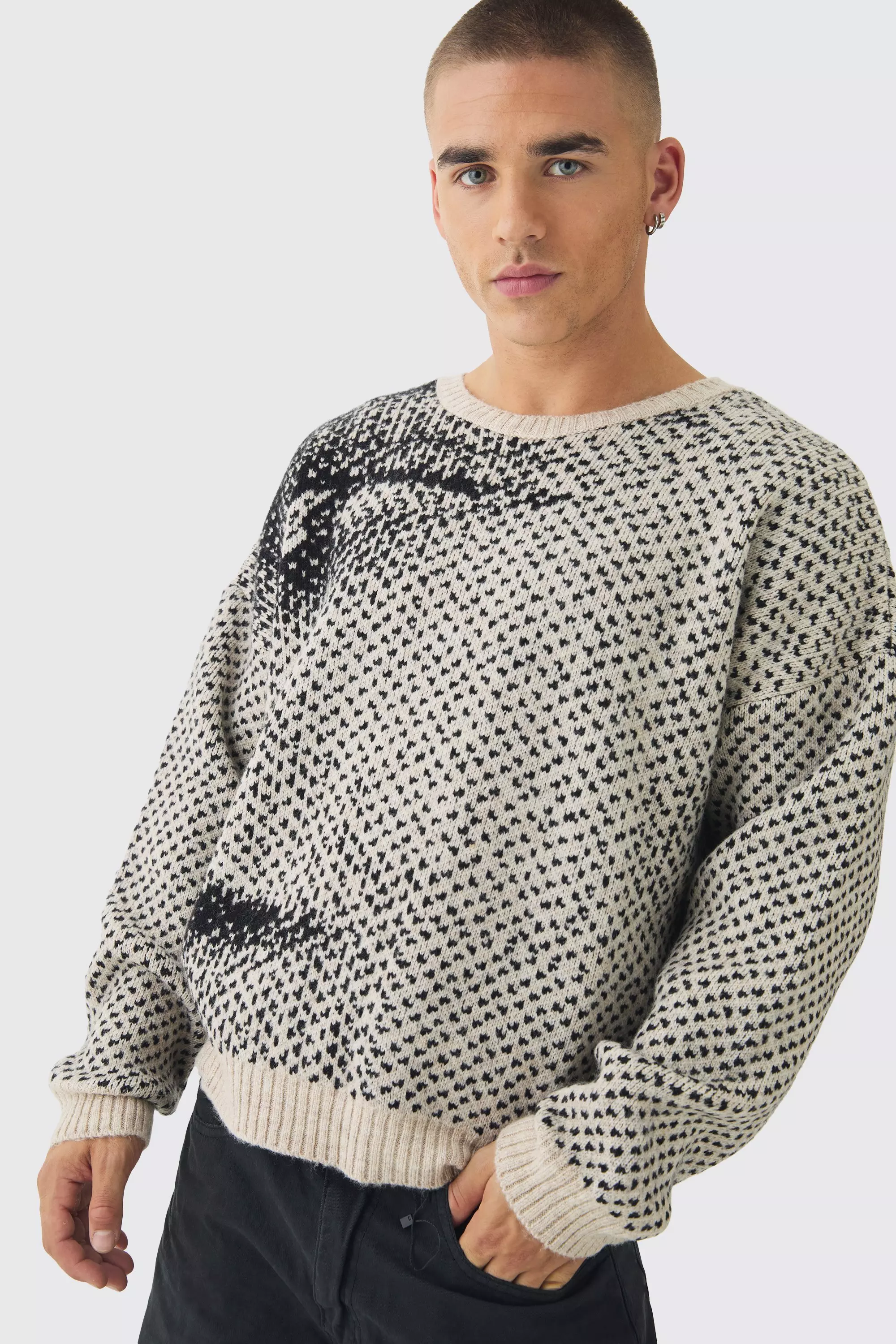 Oversized Boxy Brushed Face All Over Jacquard Jumper Ecru