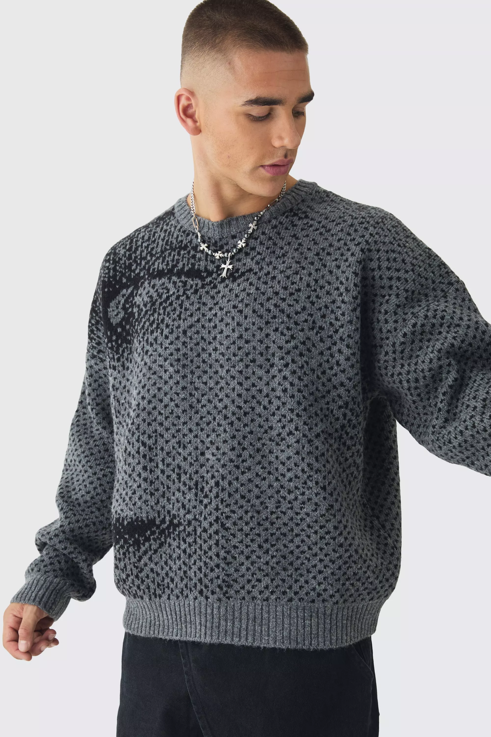 Oversized Boxy Brushed Face All Over Jacquard Jumper Charcoal