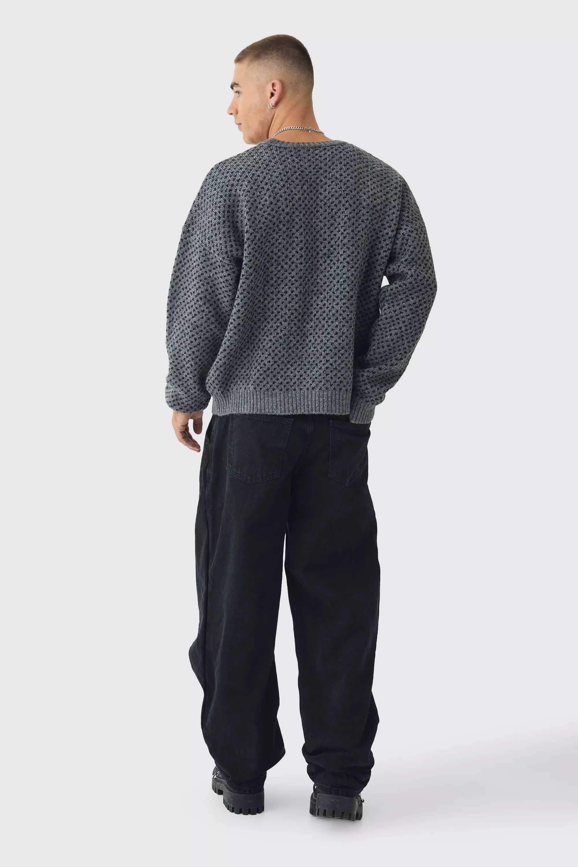 Oversized Boxy Brushed Face All Over Jacquard Jumper | boohooMAN UK